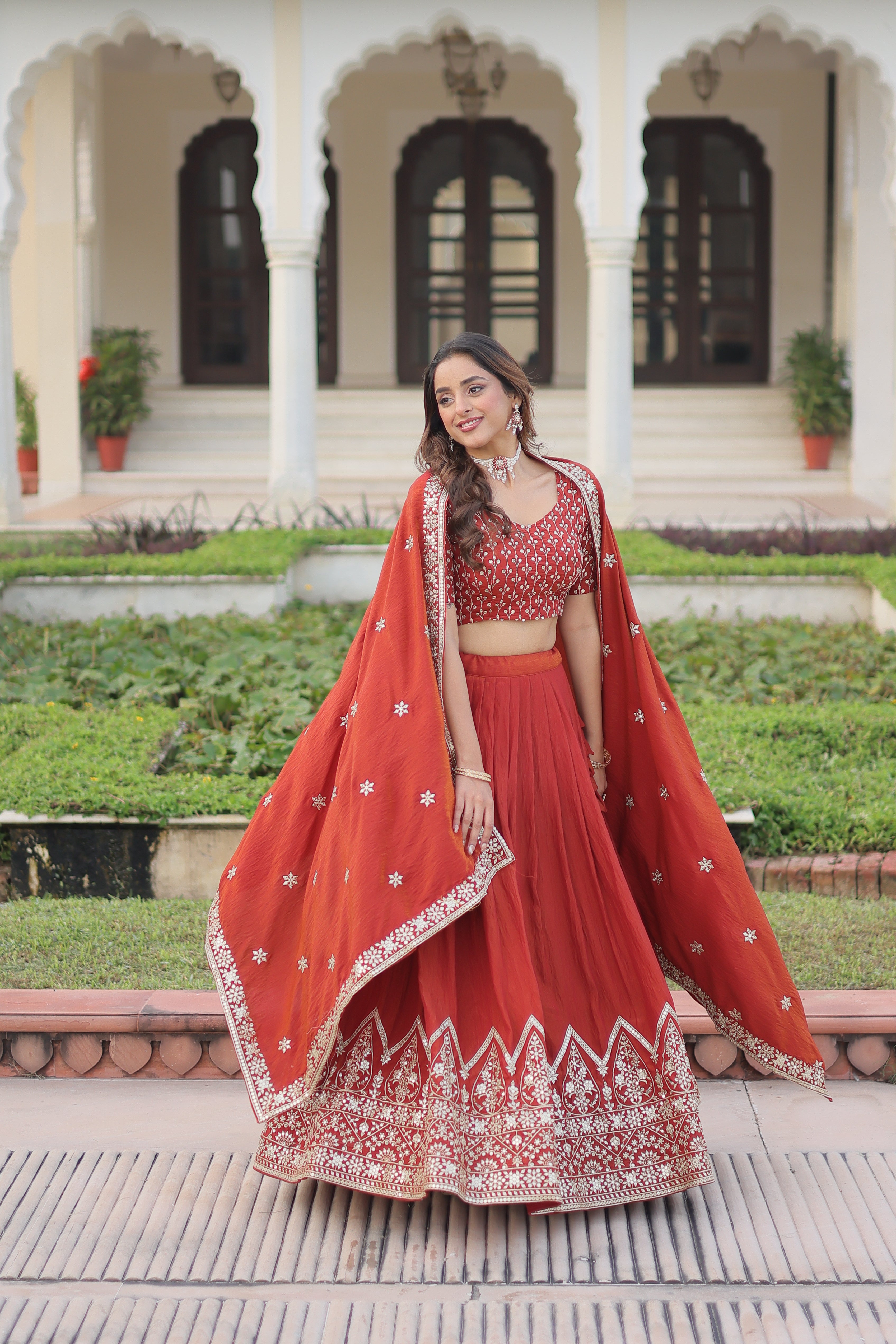 Red Silk Thread Embroidered Wedding Lehenga Choli for Women