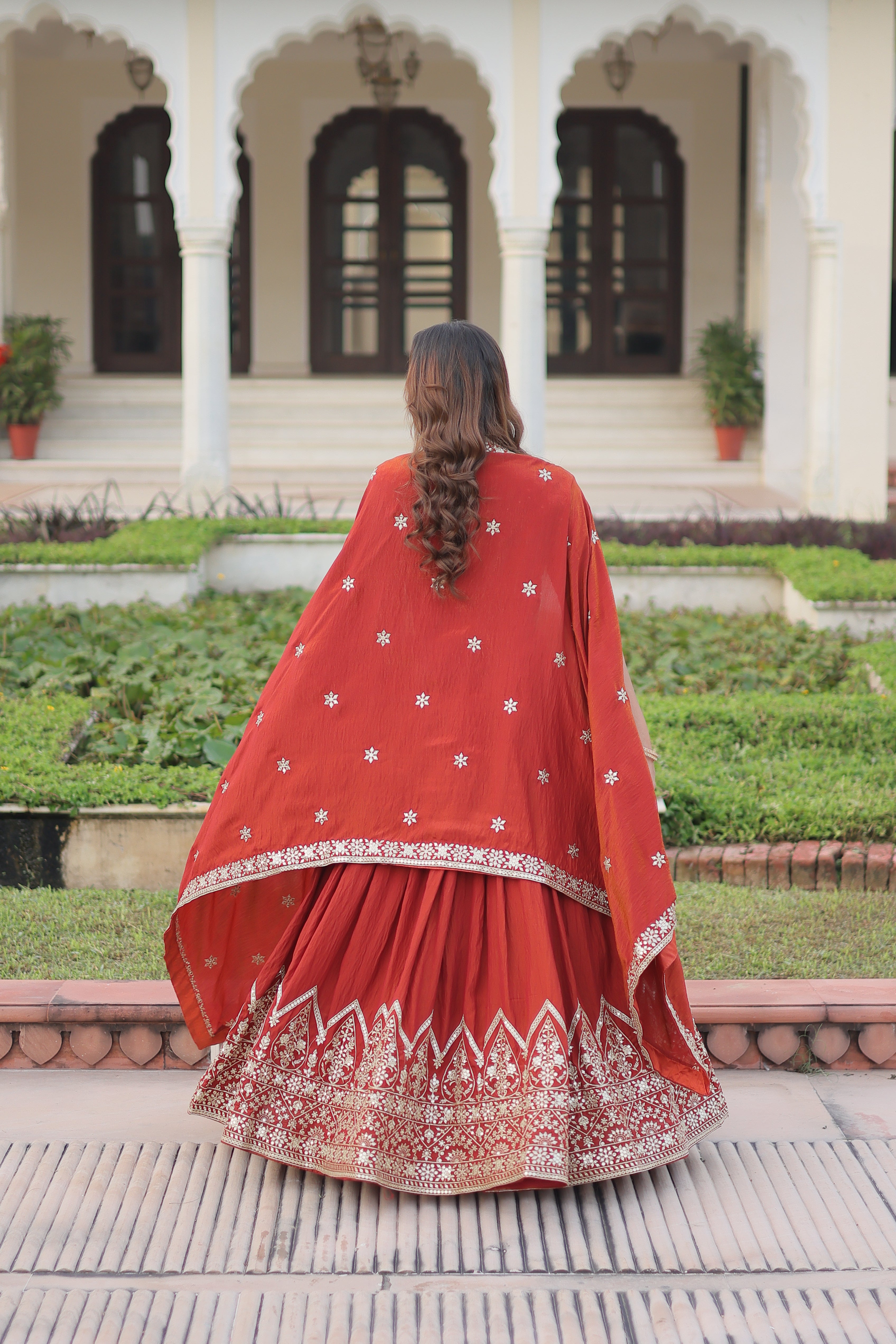 Red Silk Thread Embroidered Wedding Lehenga Choli for Women