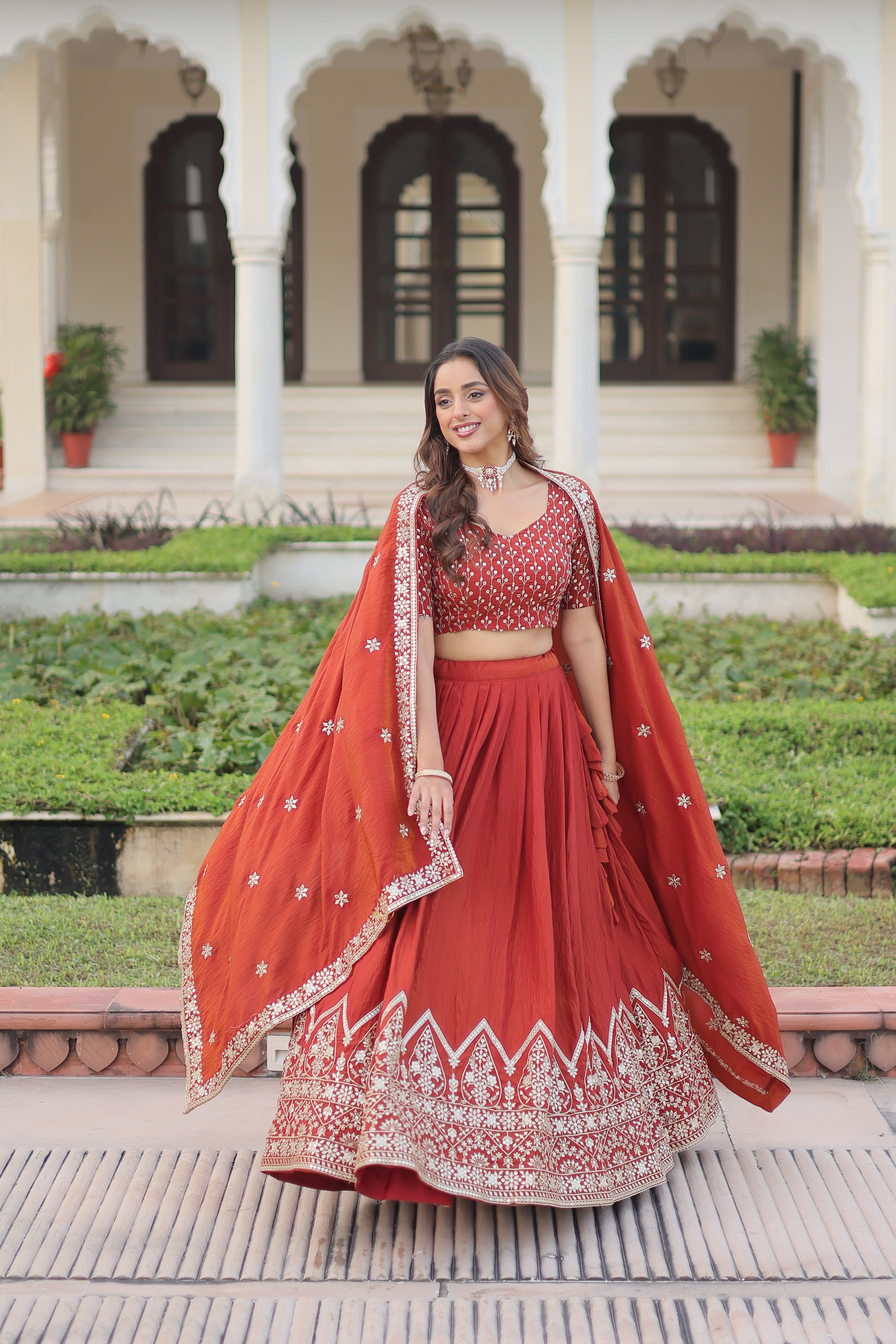 Red Silk Thread Embroidered Wedding Lehenga Choli for Women