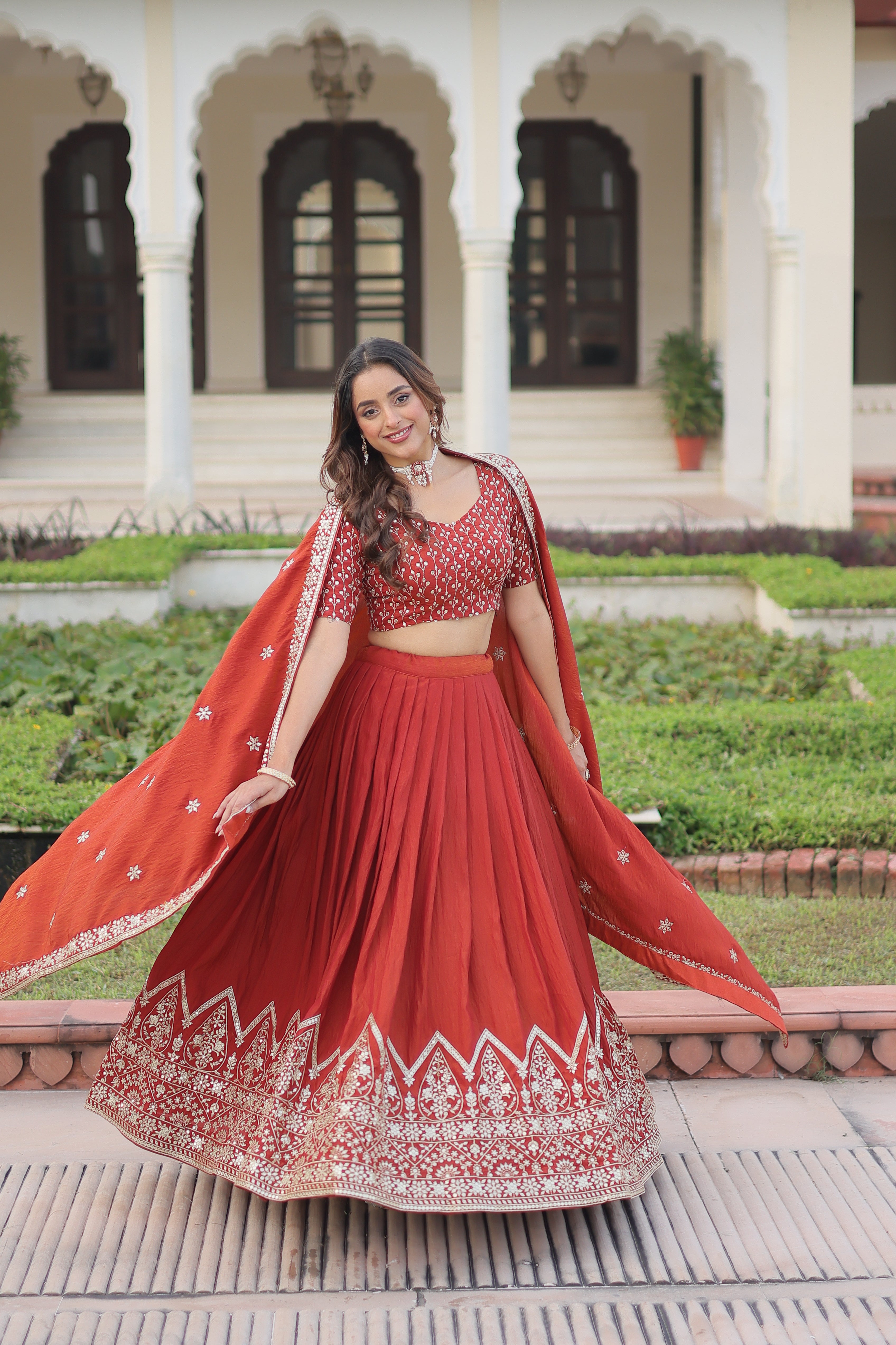 Red Silk Thread Embroidered Wedding Lehenga Choli for Women