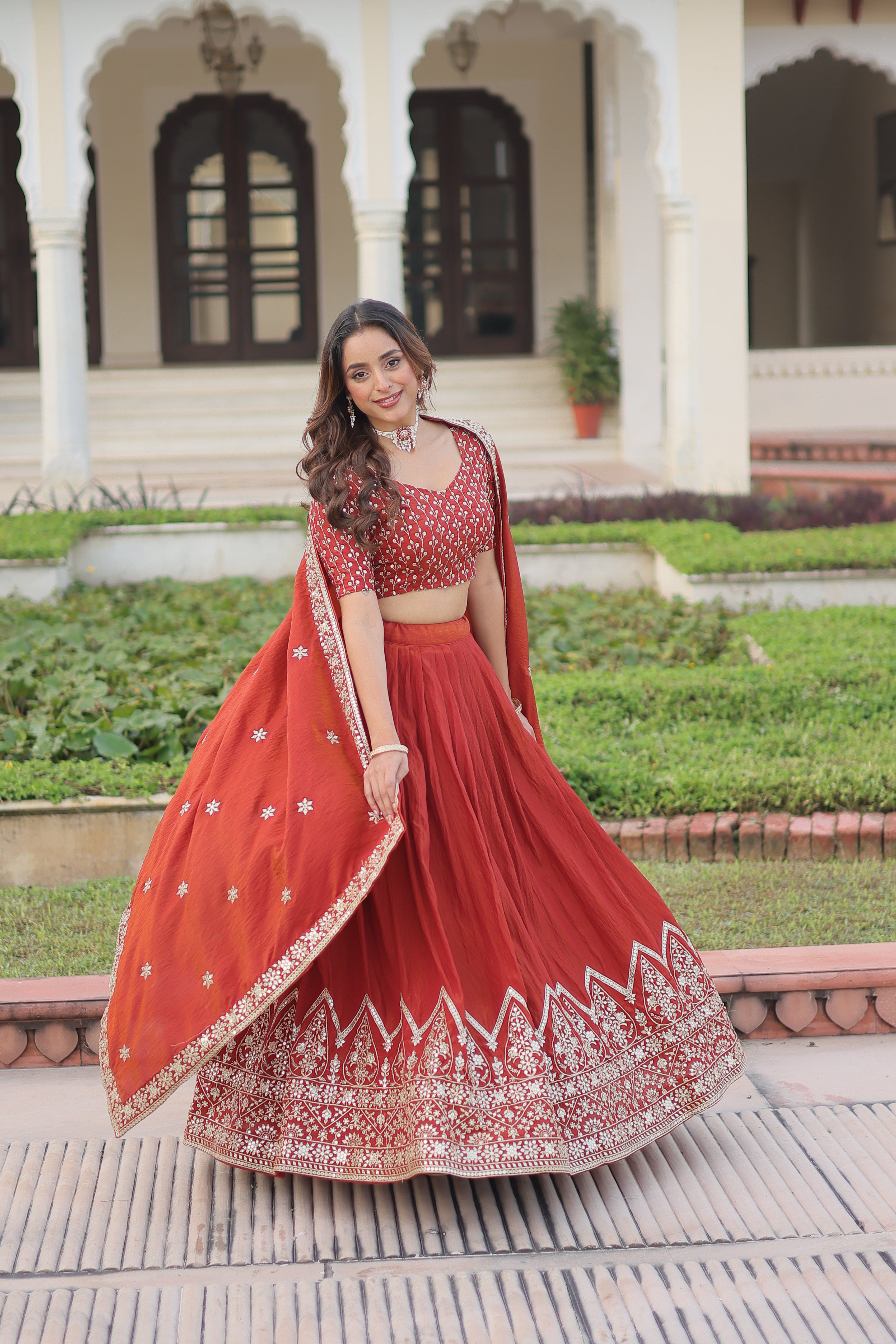 Red Silk Thread Embroidered Wedding Lehenga Choli for Women