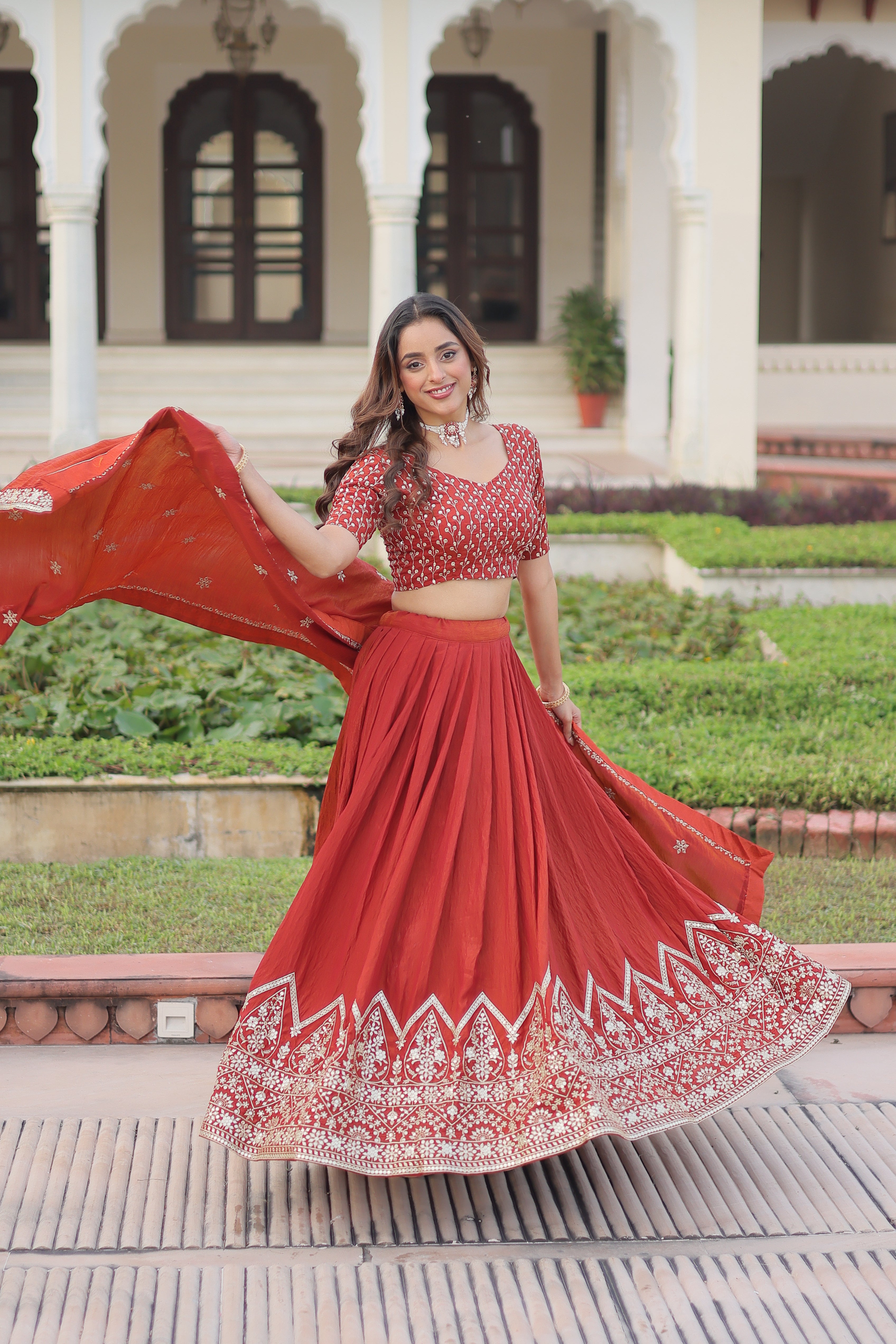 Red Silk Thread Embroidered Wedding Lehenga Choli for Women