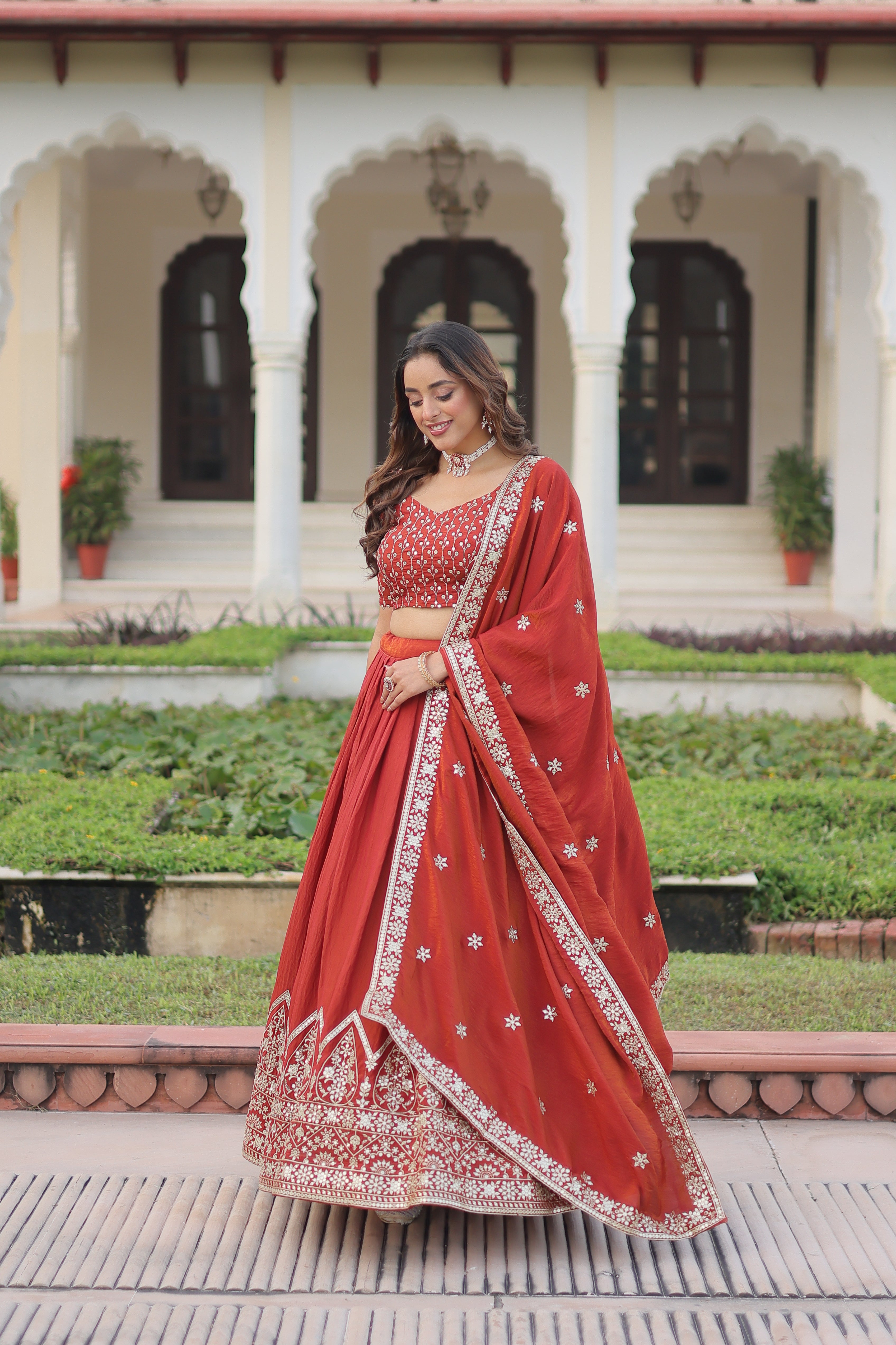 Red Silk Thread Embroidered Wedding Lehenga Choli for Women