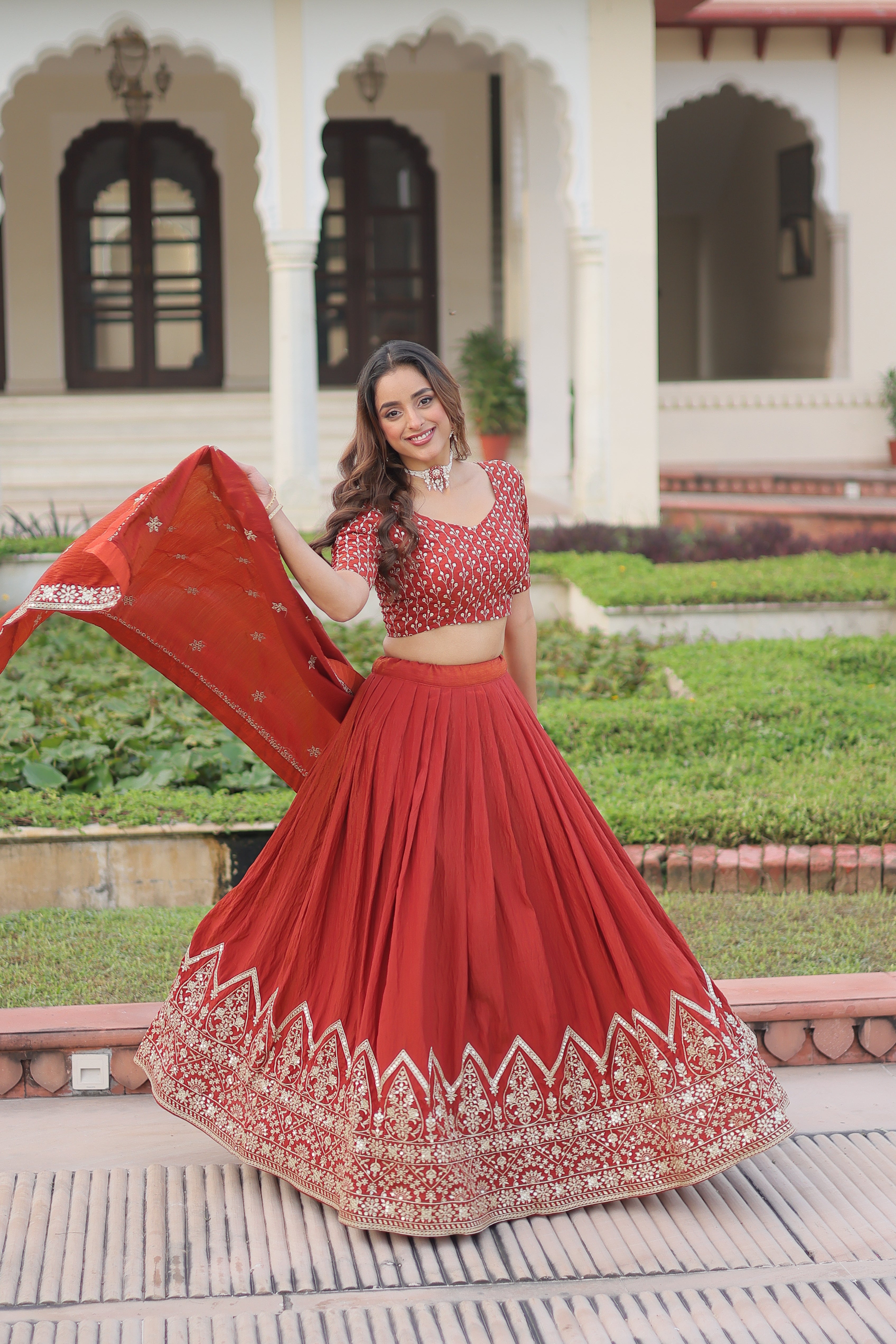 Red Silk Thread Embroidered Wedding Lehenga Choli for Women