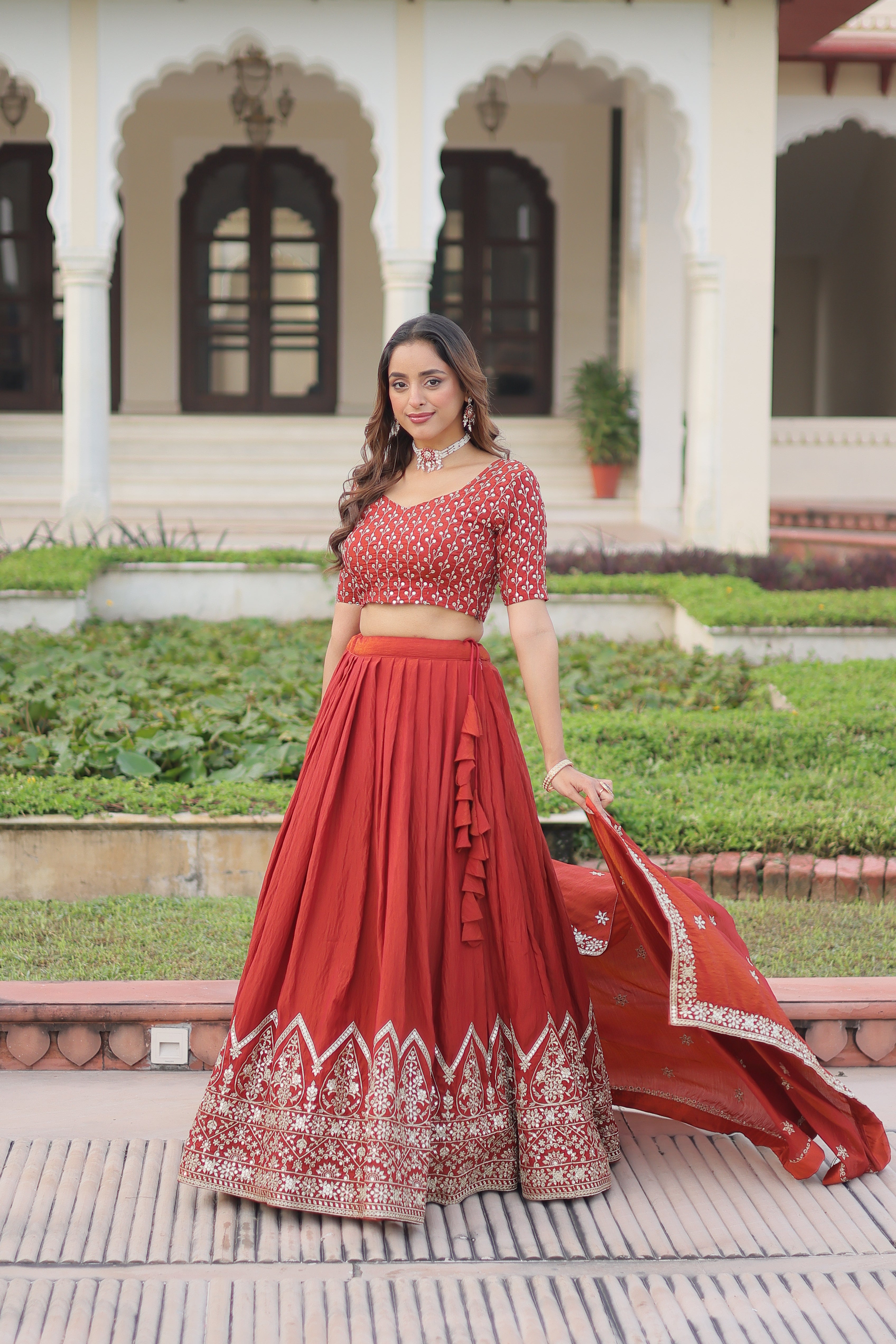 Red Silk Thread Embroidered Wedding Lehenga Choli for Women