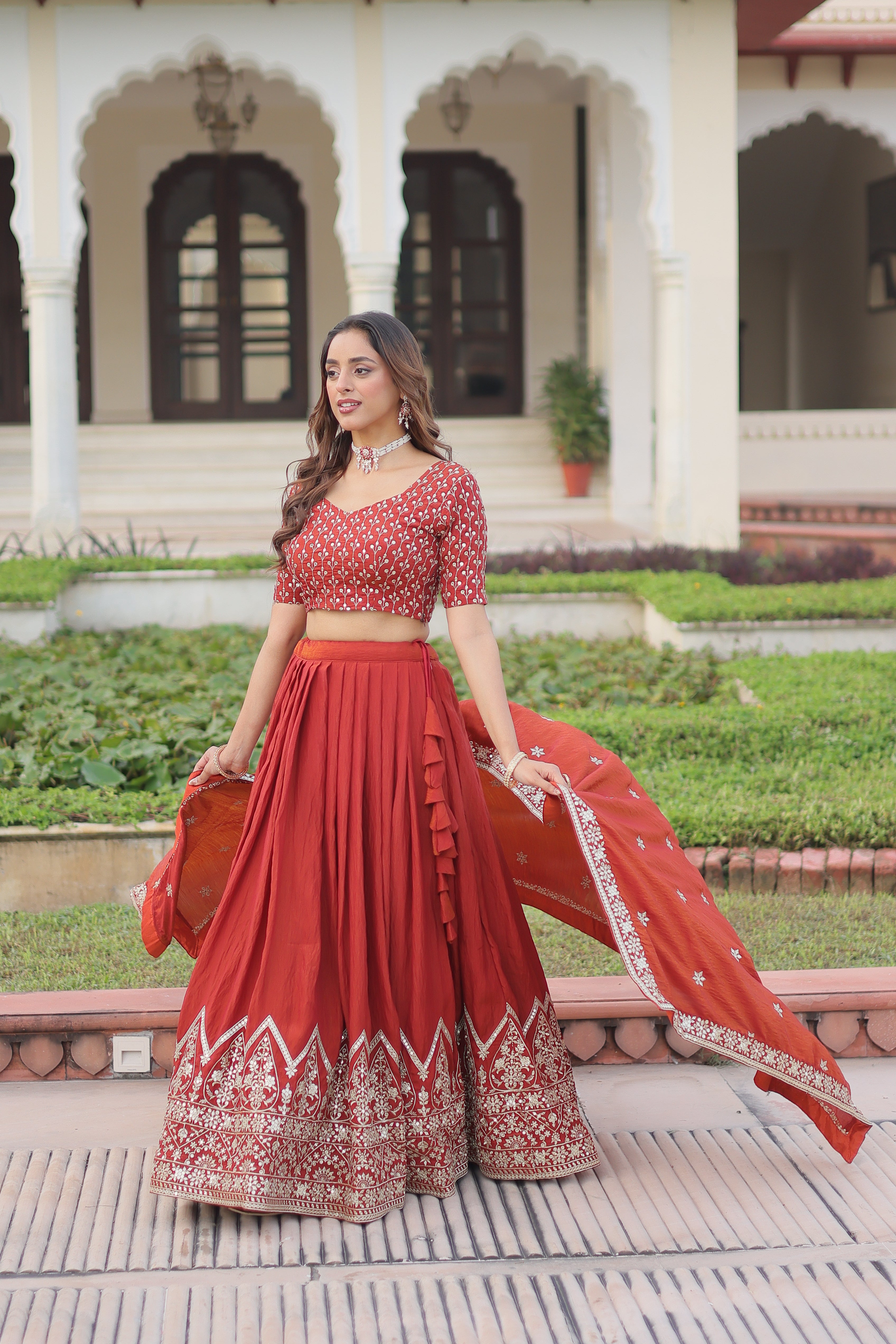 Red Silk Thread Embroidered Wedding Lehenga Choli for Women