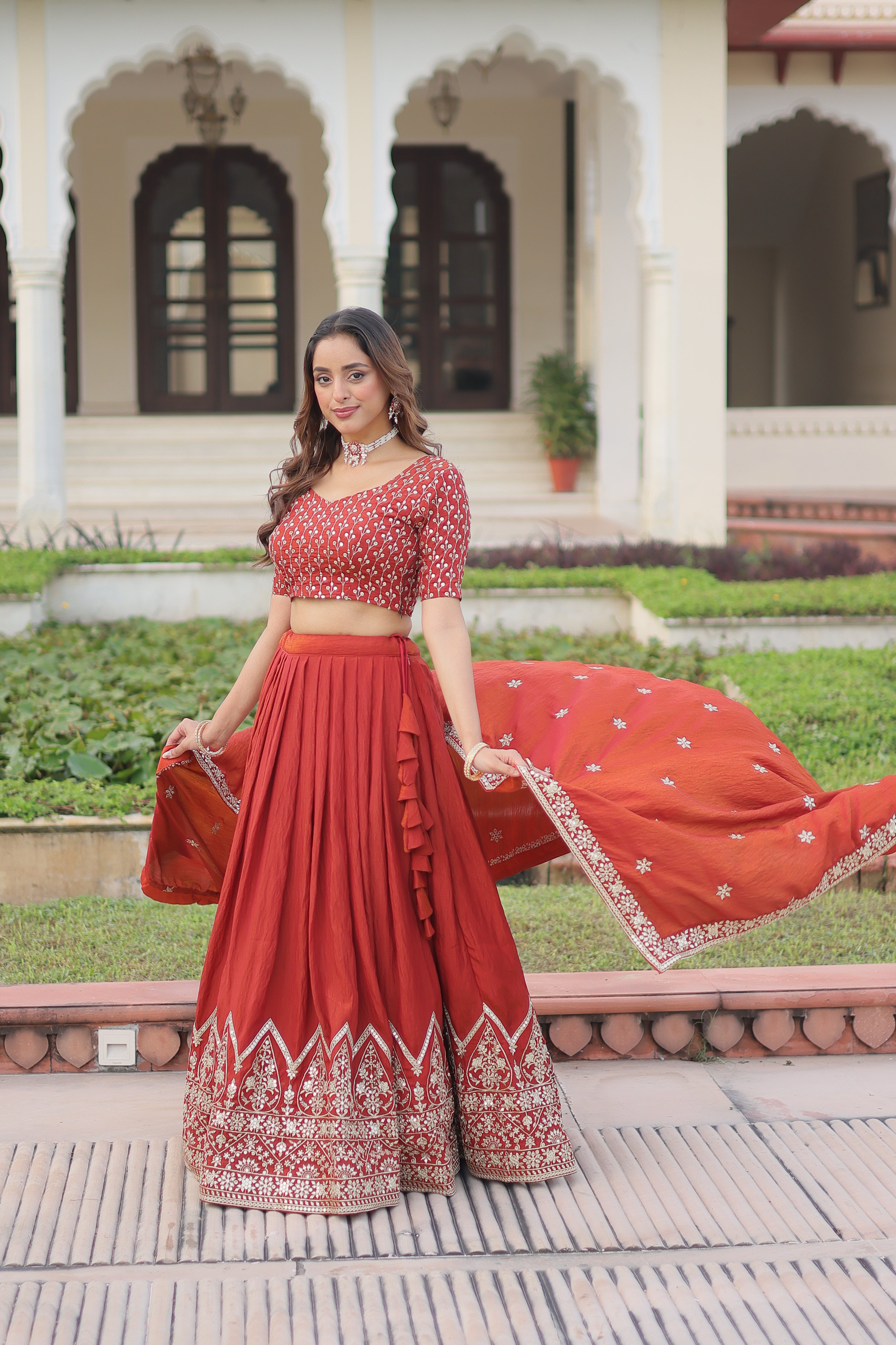 Red Silk Thread Embroidered Wedding Lehenga Choli for Women