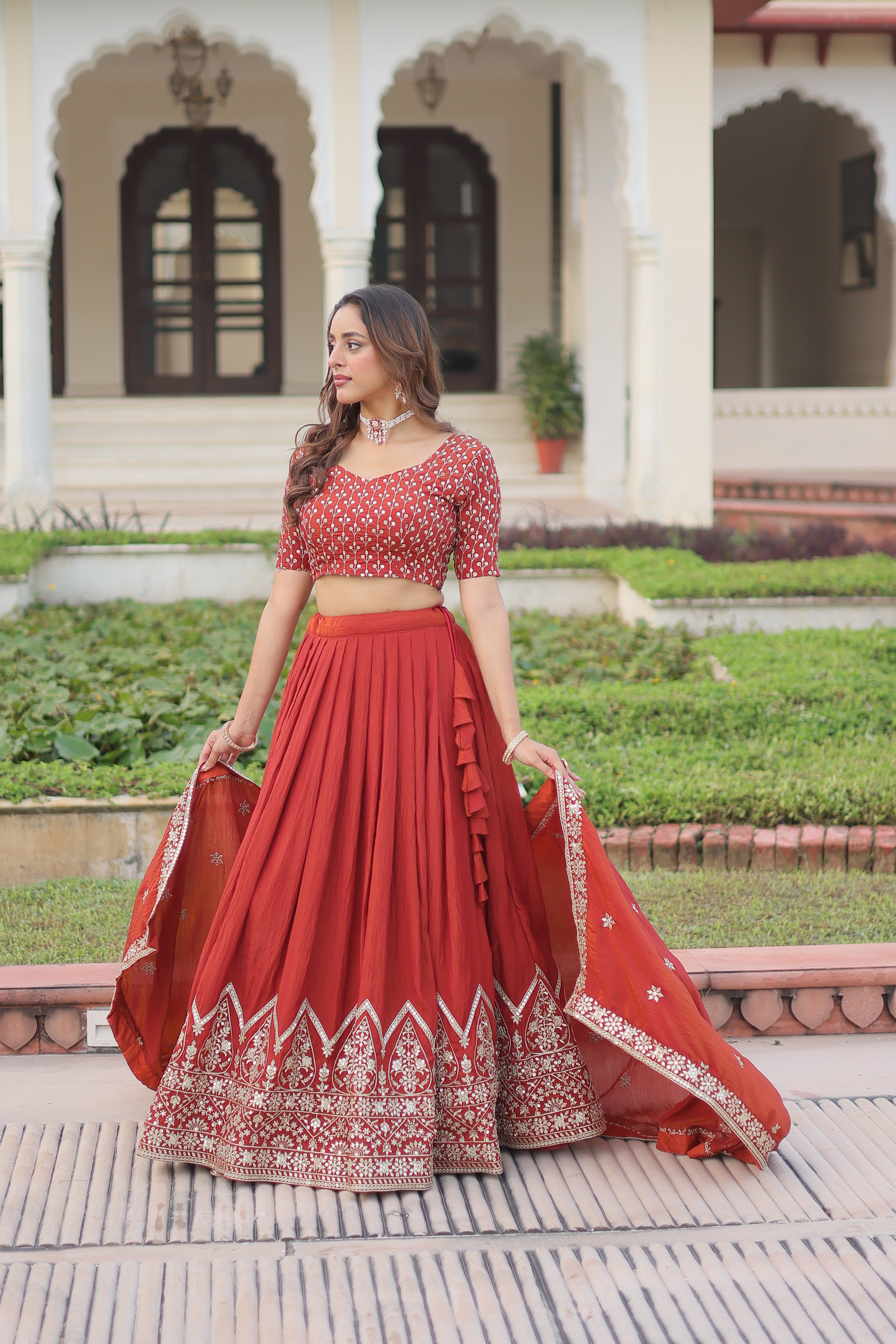 Red Silk Thread Embroidered Wedding Lehenga Choli for Women