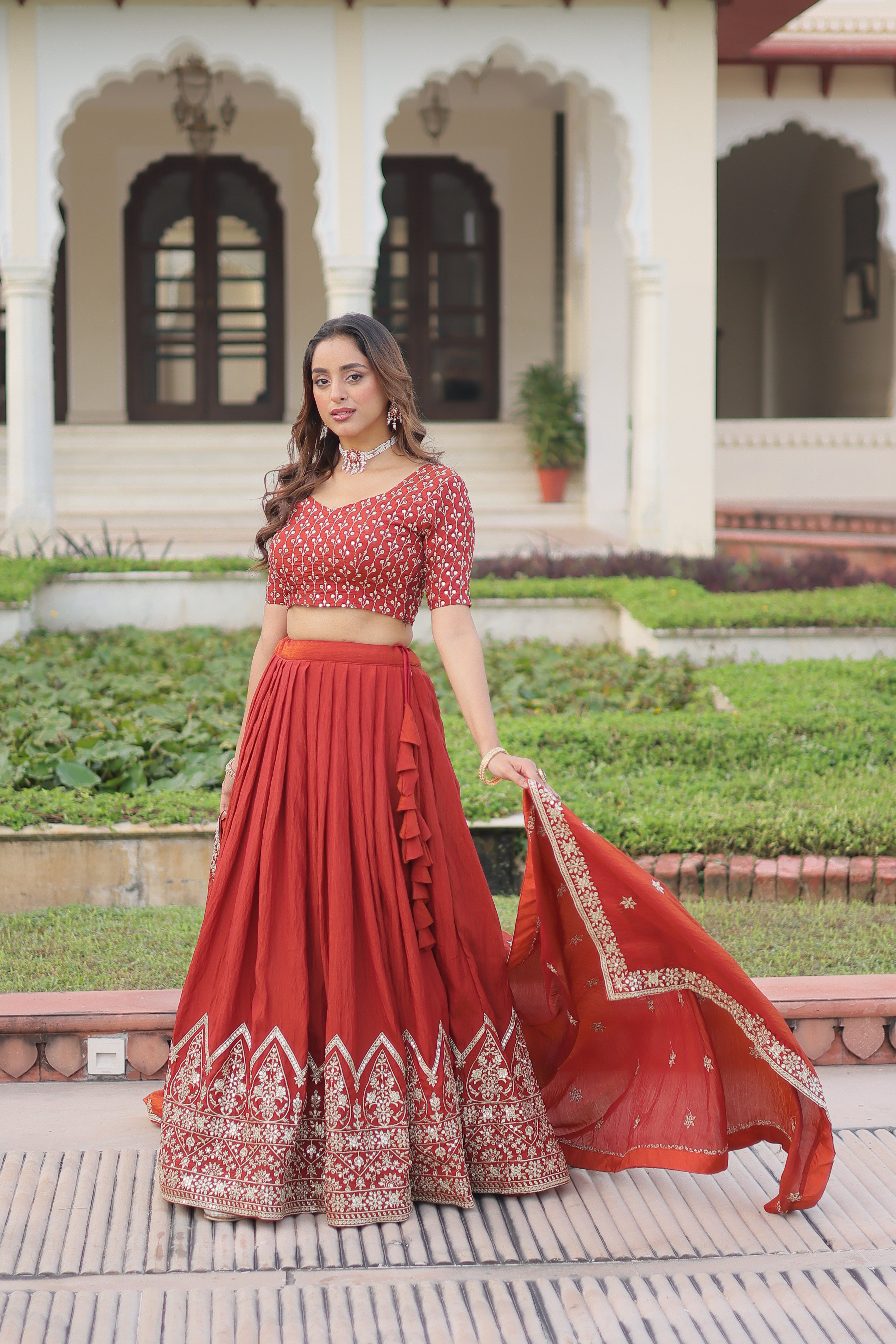 Red Silk Thread Embroidered Wedding Lehenga Choli for Women