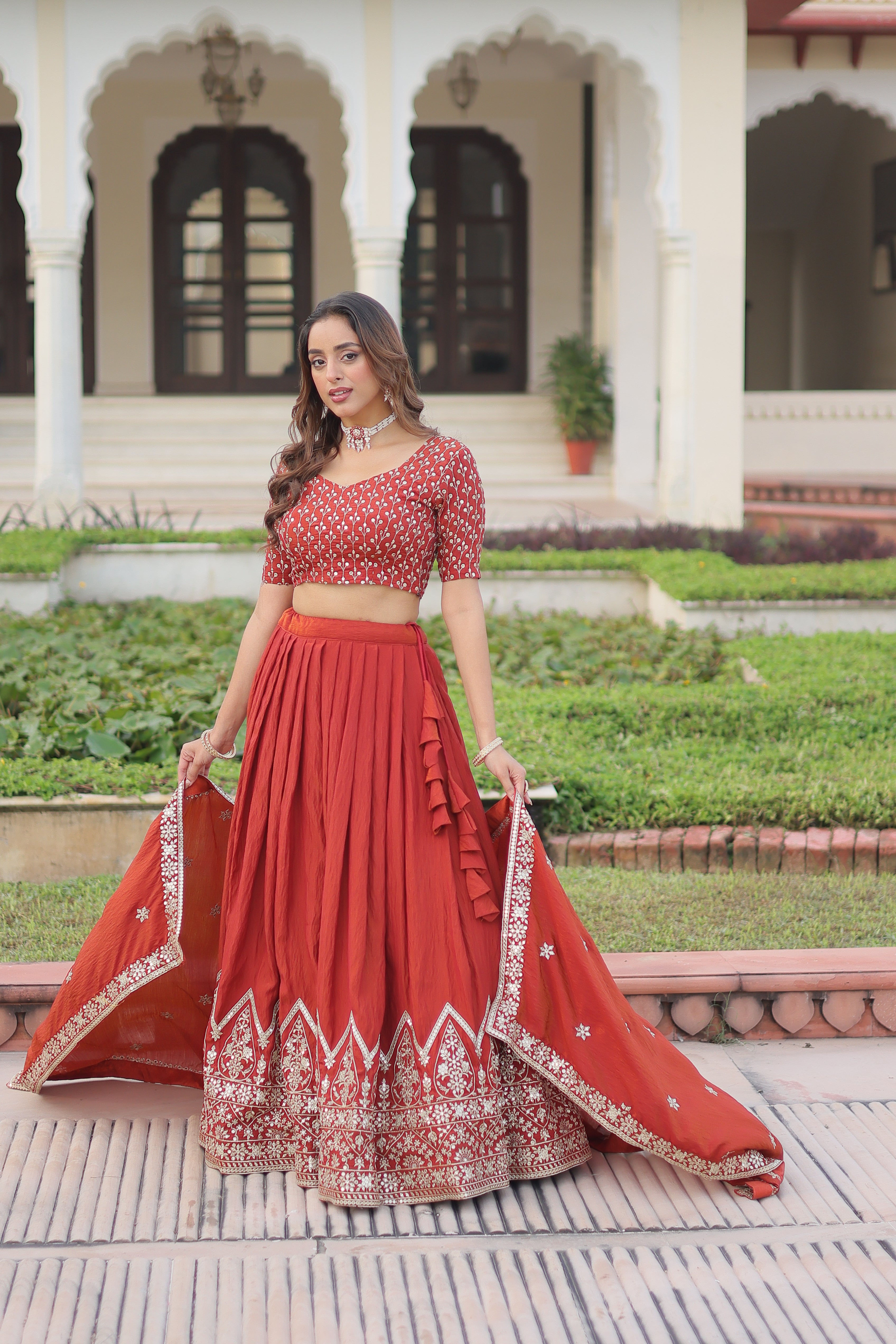 Red Silk Thread Embroidered Wedding Lehenga Choli for Women