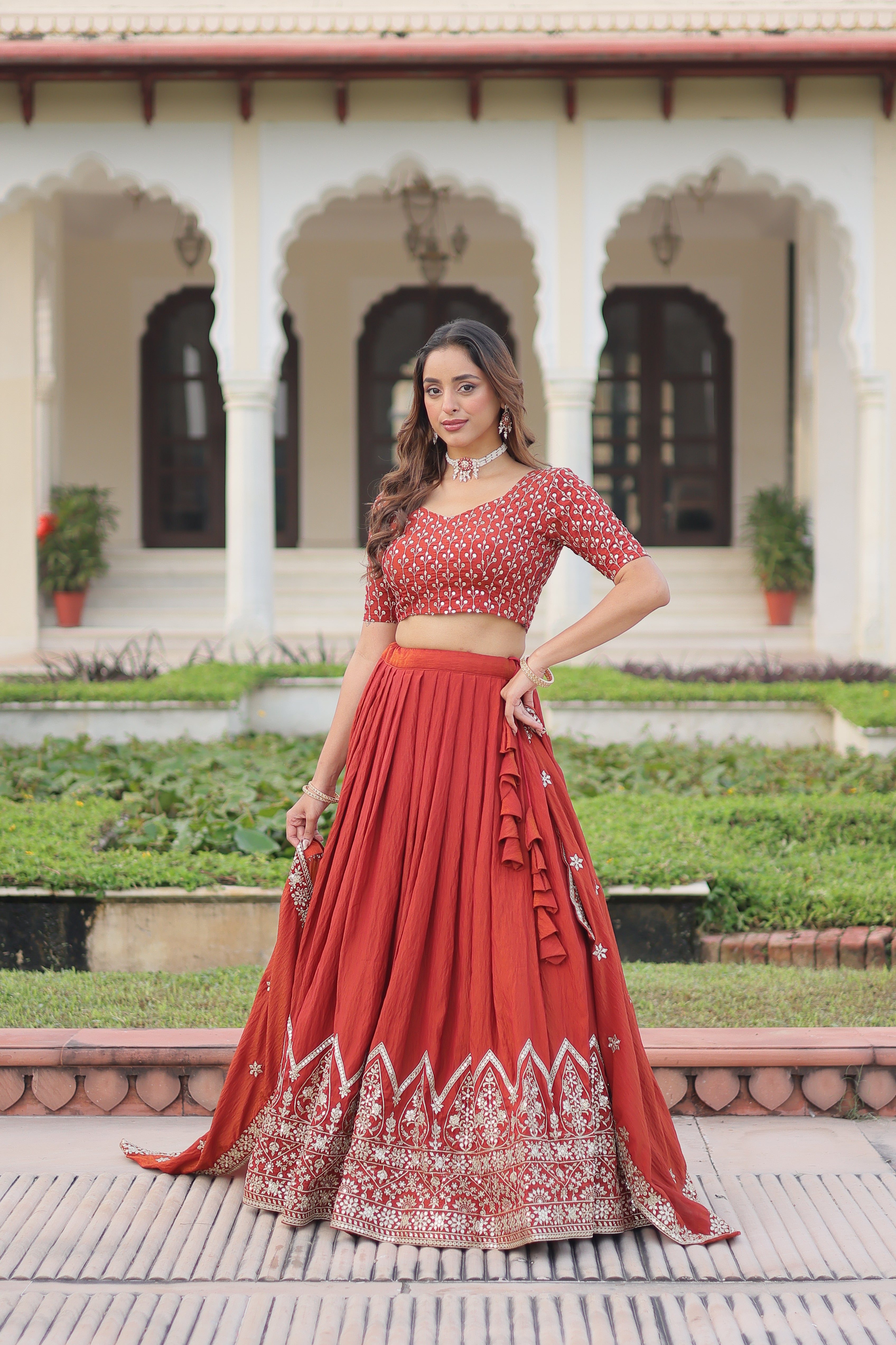 Red Silk Thread Embroidered Wedding Lehenga Choli for Women