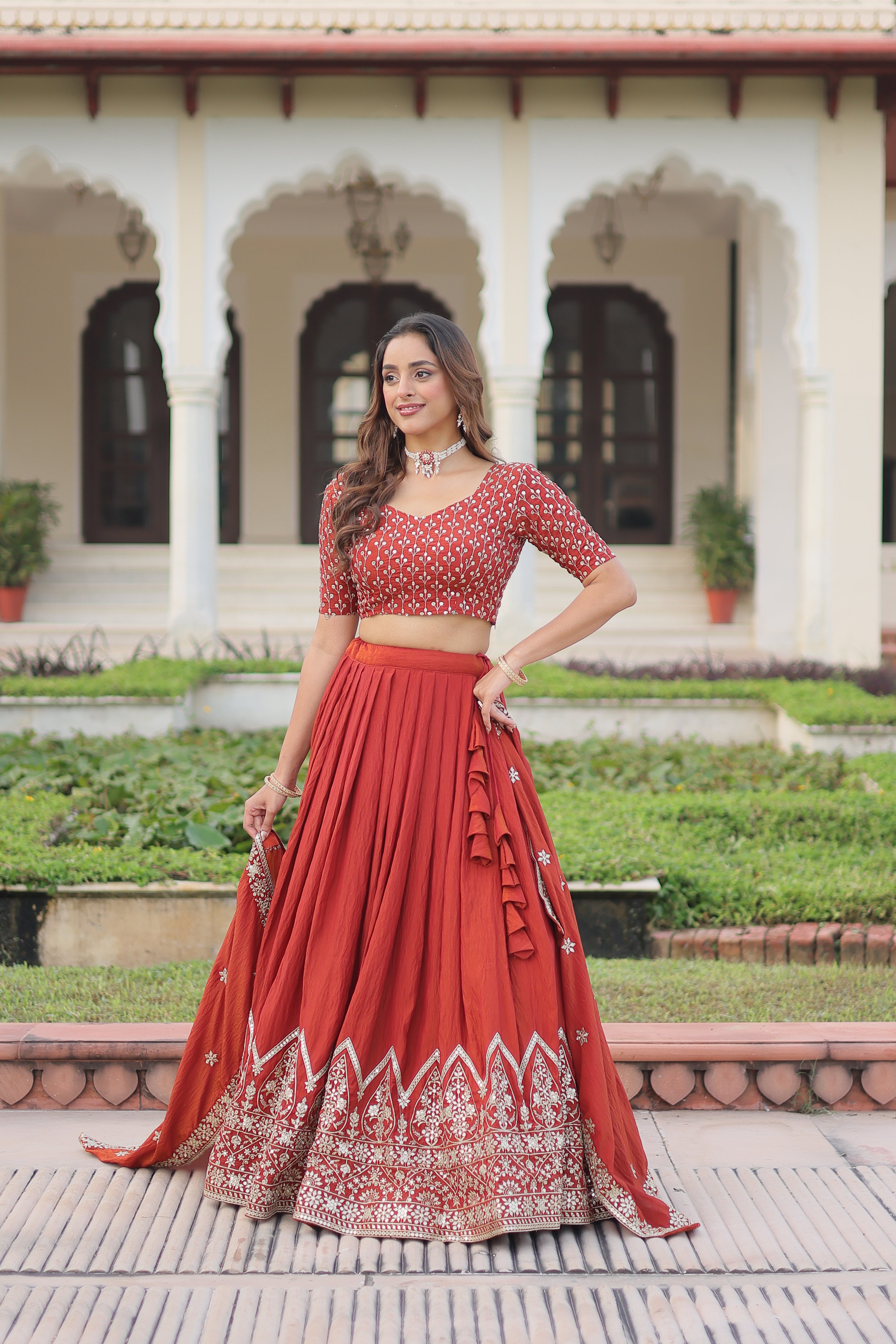 Red Silk Thread Embroidered Wedding Lehenga Choli for Women