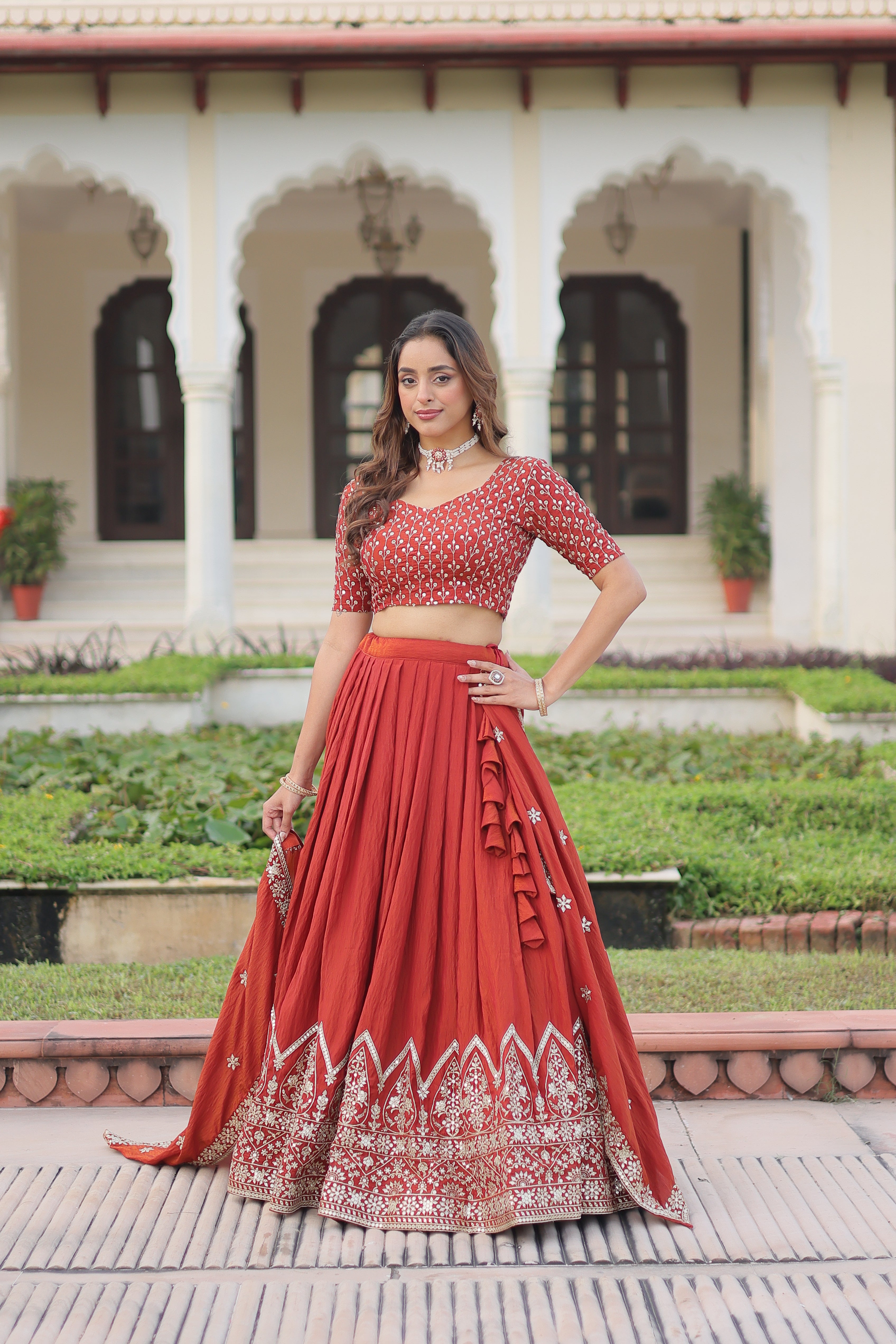 Red Silk Thread Embroidered Wedding Lehenga Choli for Women