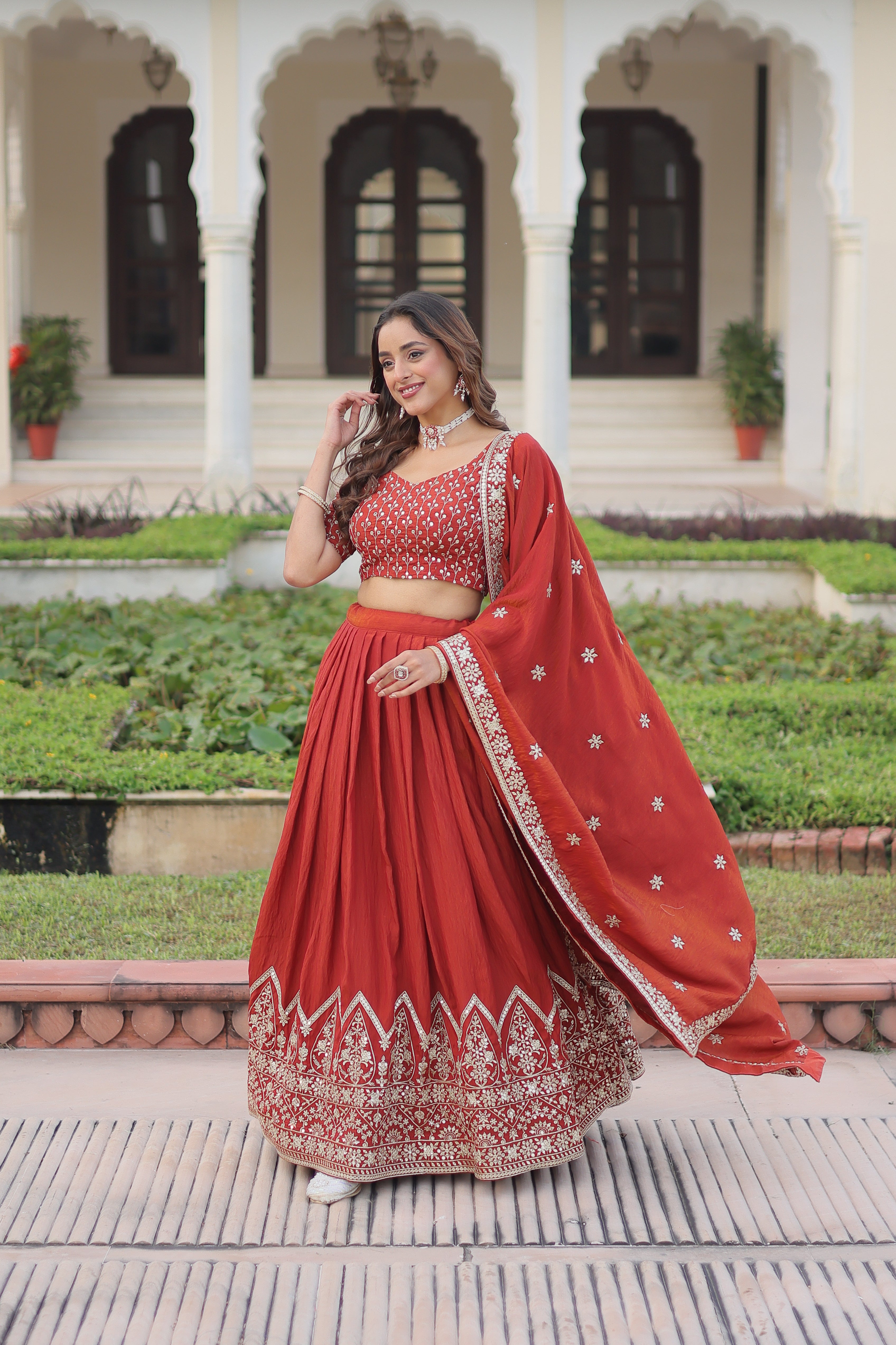 Red Silk Thread Embroidered Wedding Lehenga Choli for Women