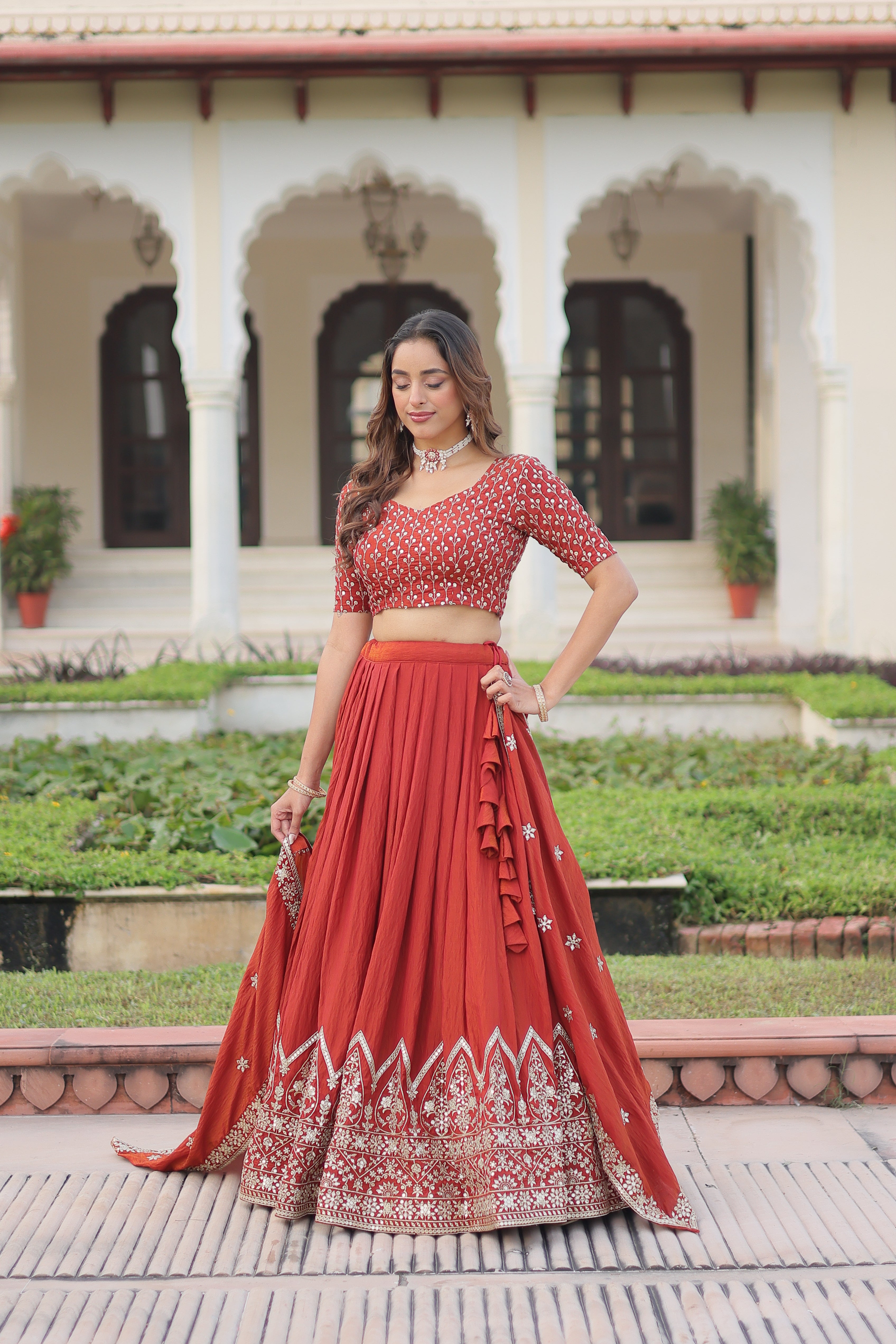 Red Silk Thread Embroidered Wedding Lehenga Choli for Women