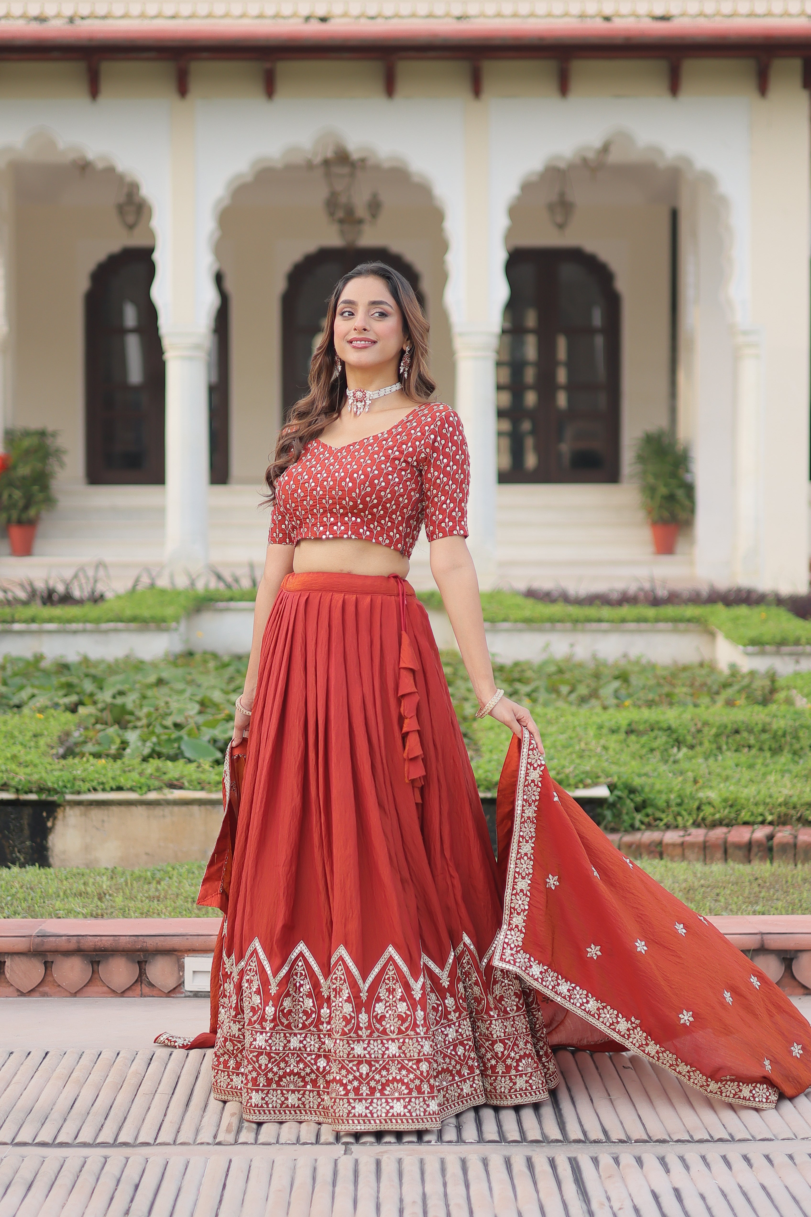 Red Silk Thread Embroidered Wedding Lehenga Choli for Women