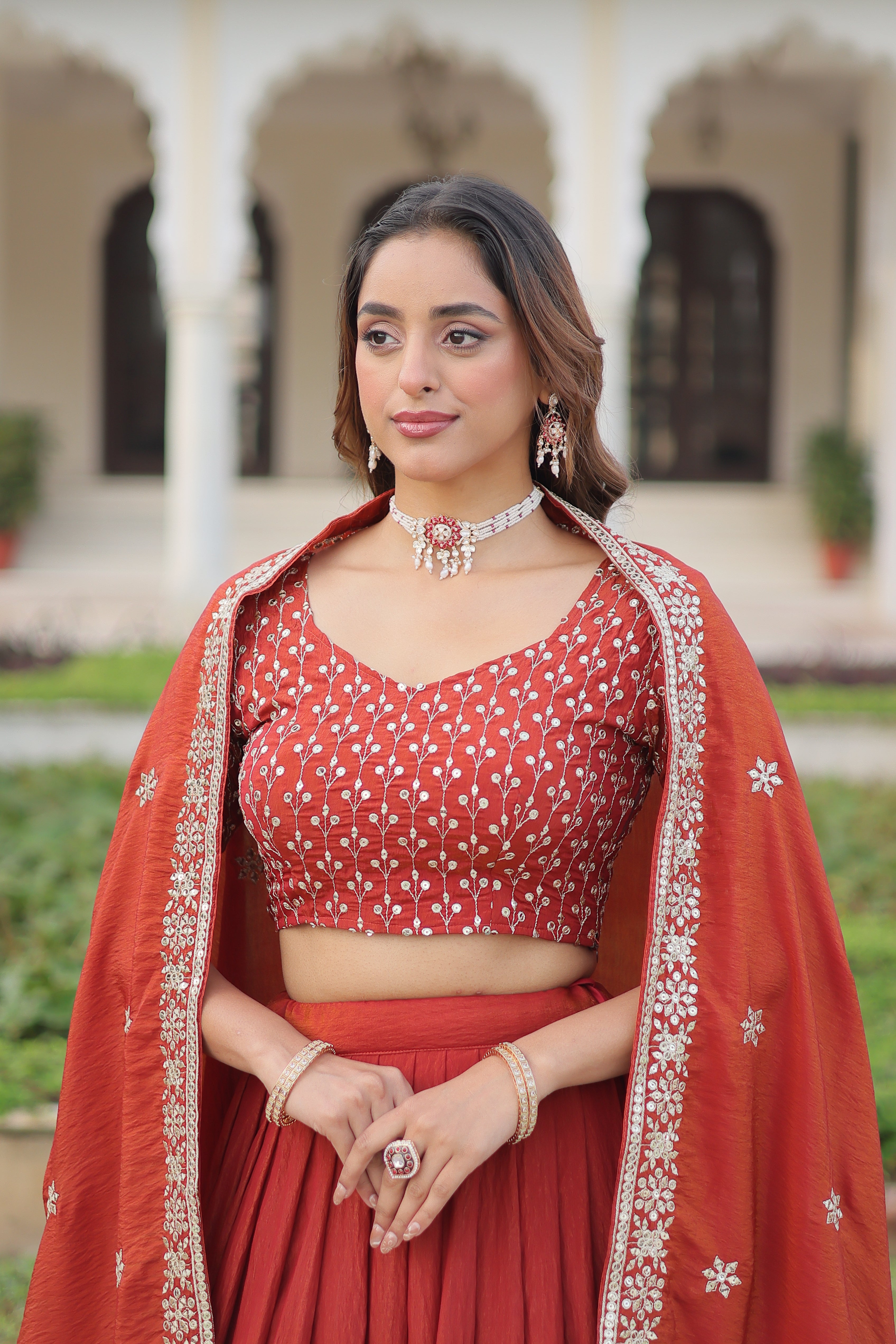 Red Silk Thread Embroidered Wedding Lehenga Choli for Women