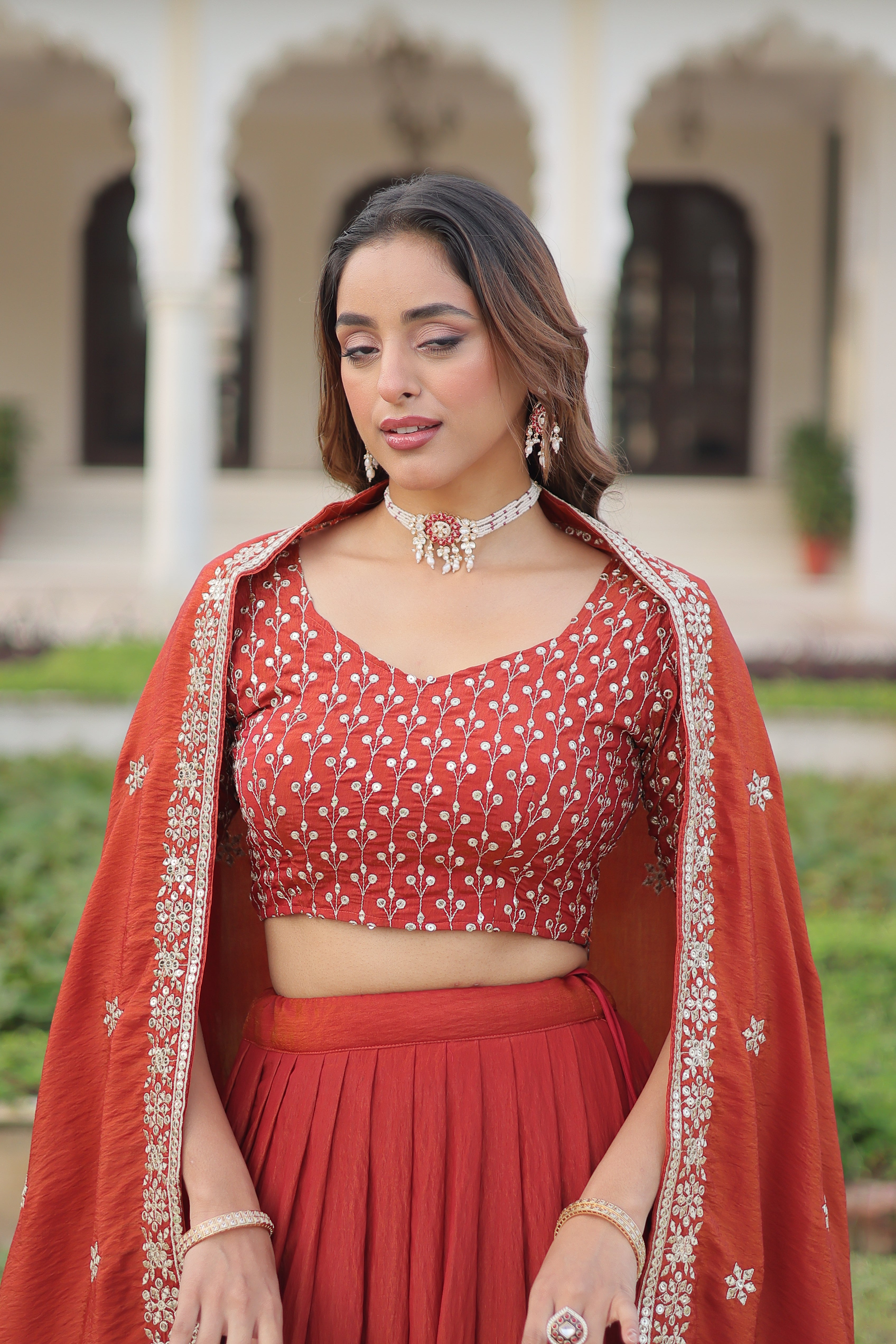 Red Silk Thread Embroidered Wedding Lehenga Choli for Women