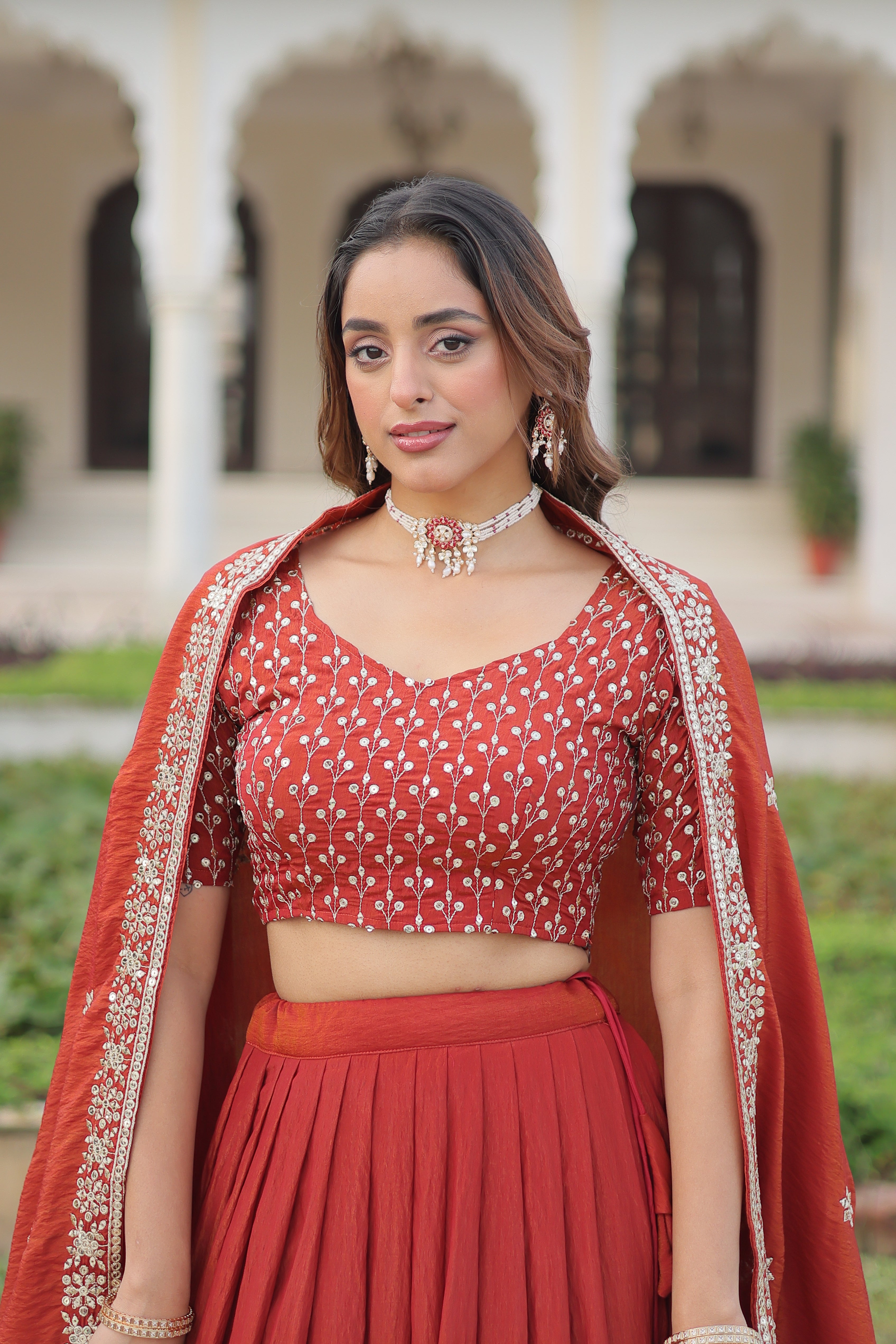 Red Silk Thread Embroidered Wedding Lehenga Choli for Women