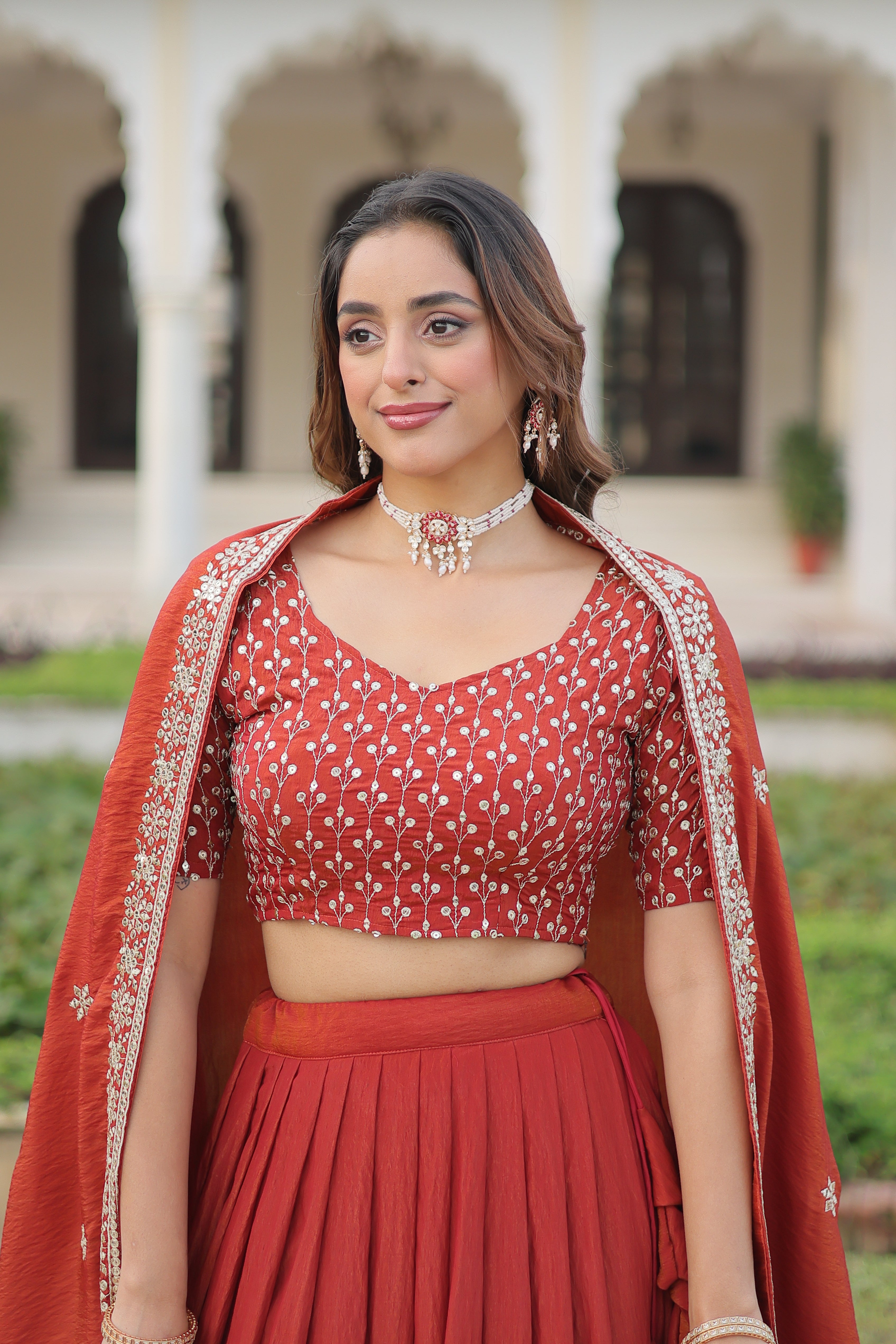 Red Silk Thread Embroidered Wedding Lehenga Choli for Women