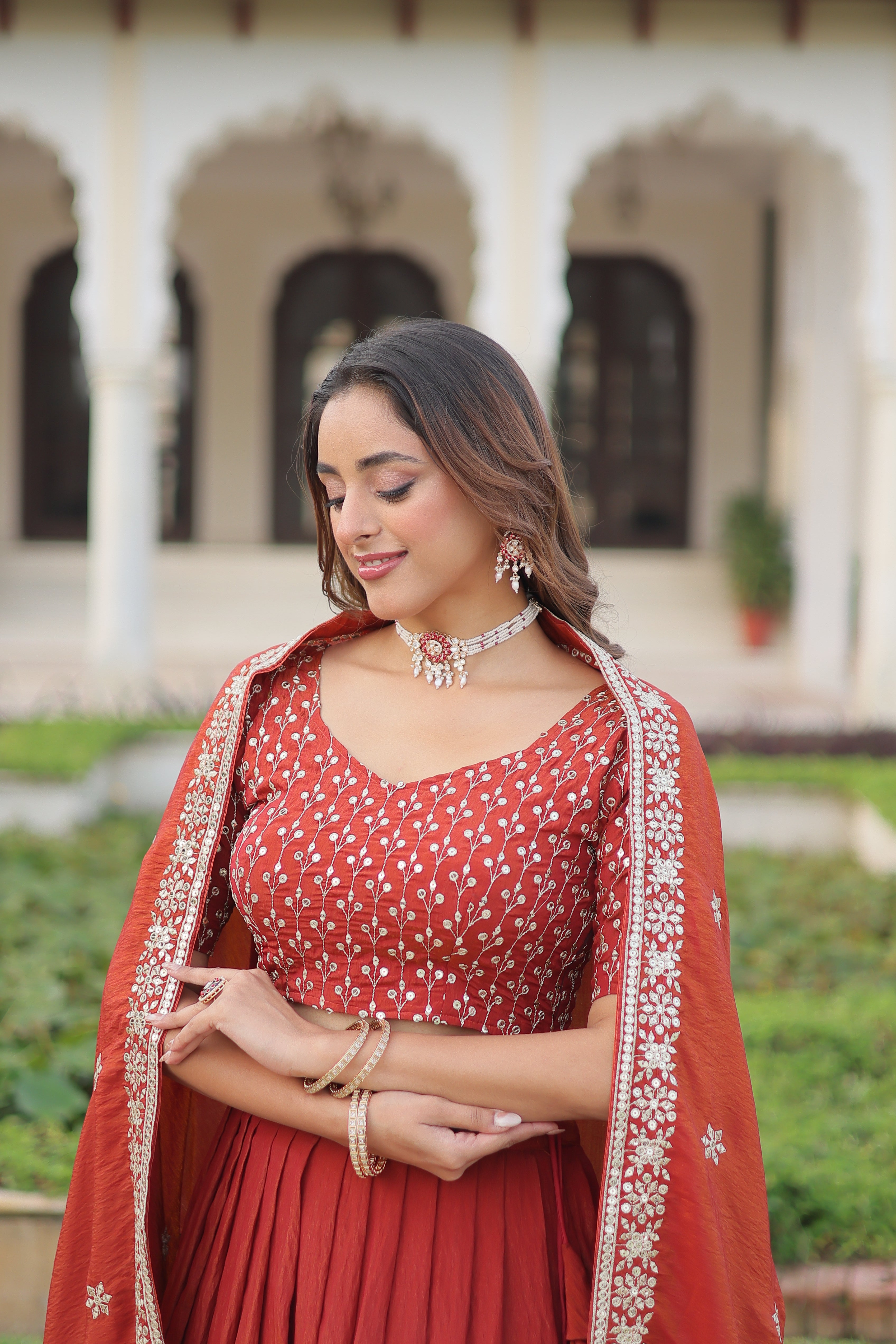 Red Silk Thread Embroidered Wedding Lehenga Choli for Women