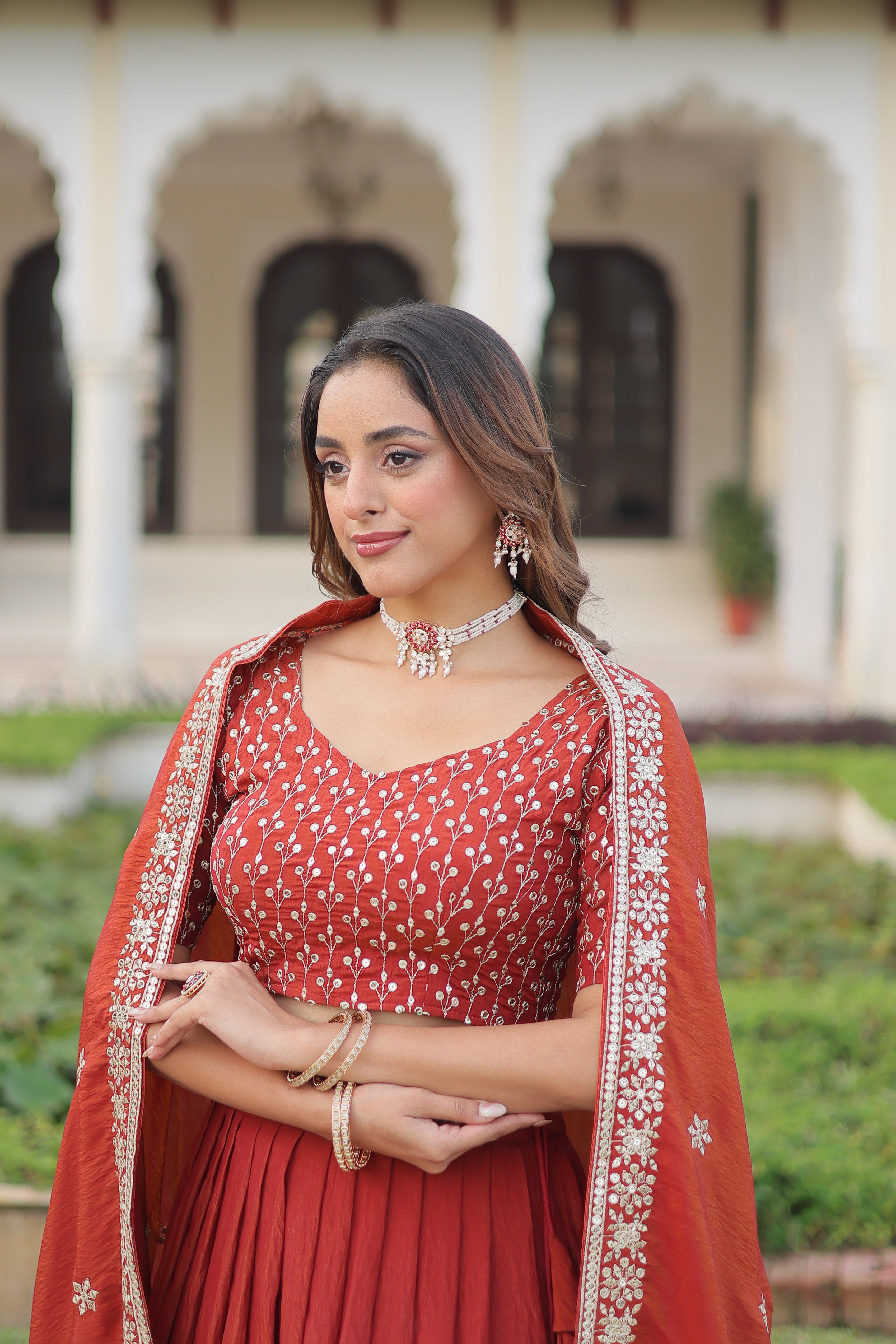 Red Silk Thread Embroidered Wedding Lehenga Choli for Women