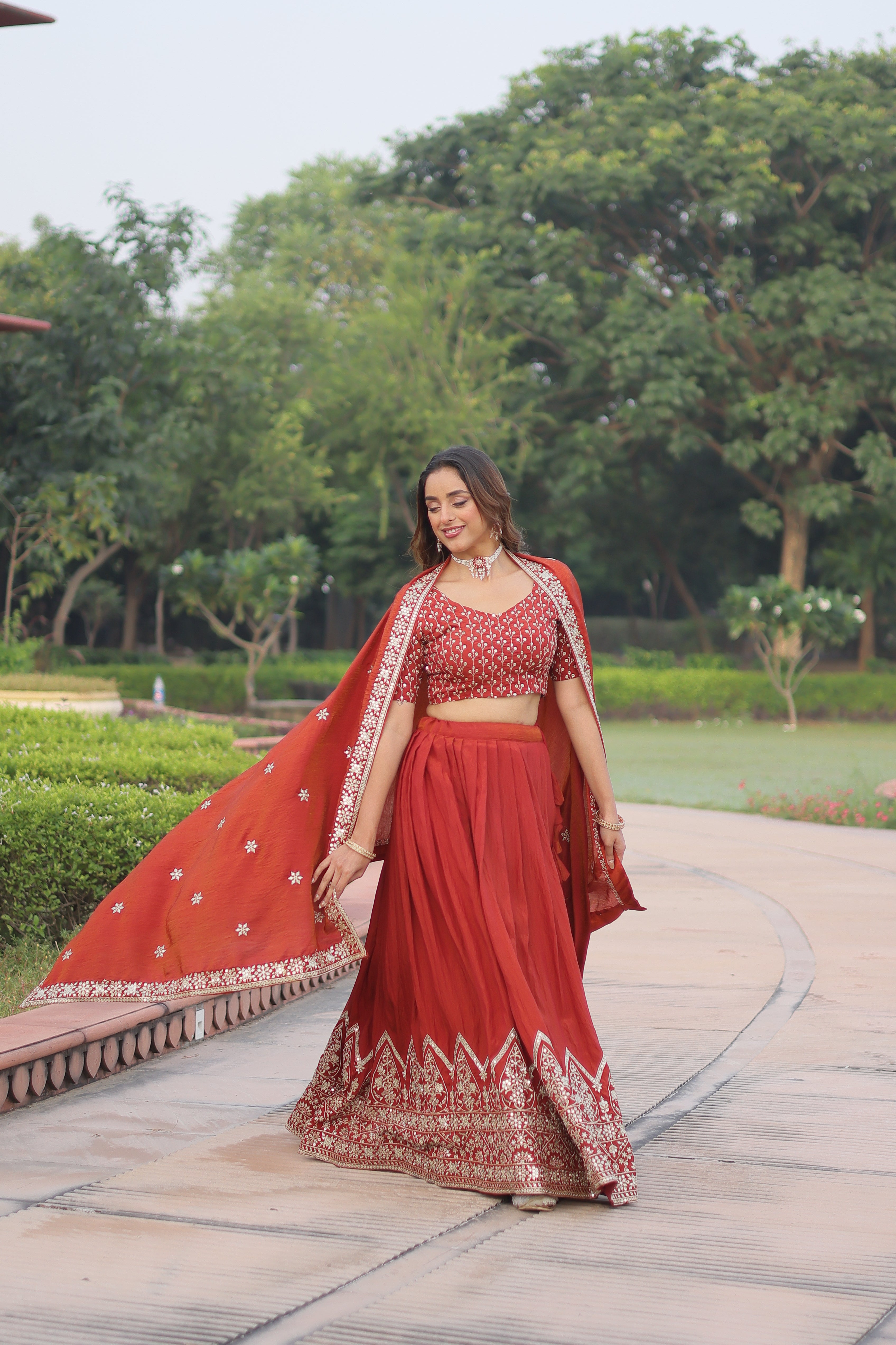Red Silk Thread Embroidered Wedding Lehenga Choli for Women