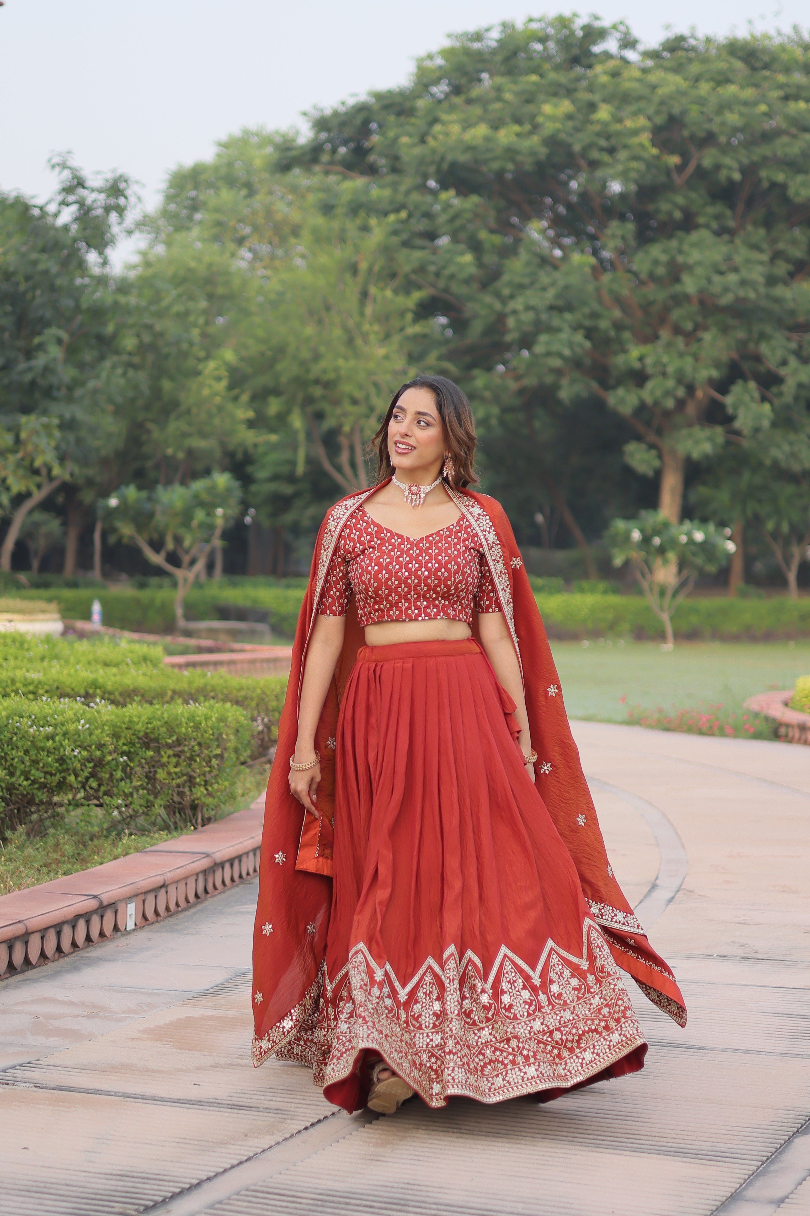 Red Silk Thread Embroidered Wedding Lehenga Choli for Women