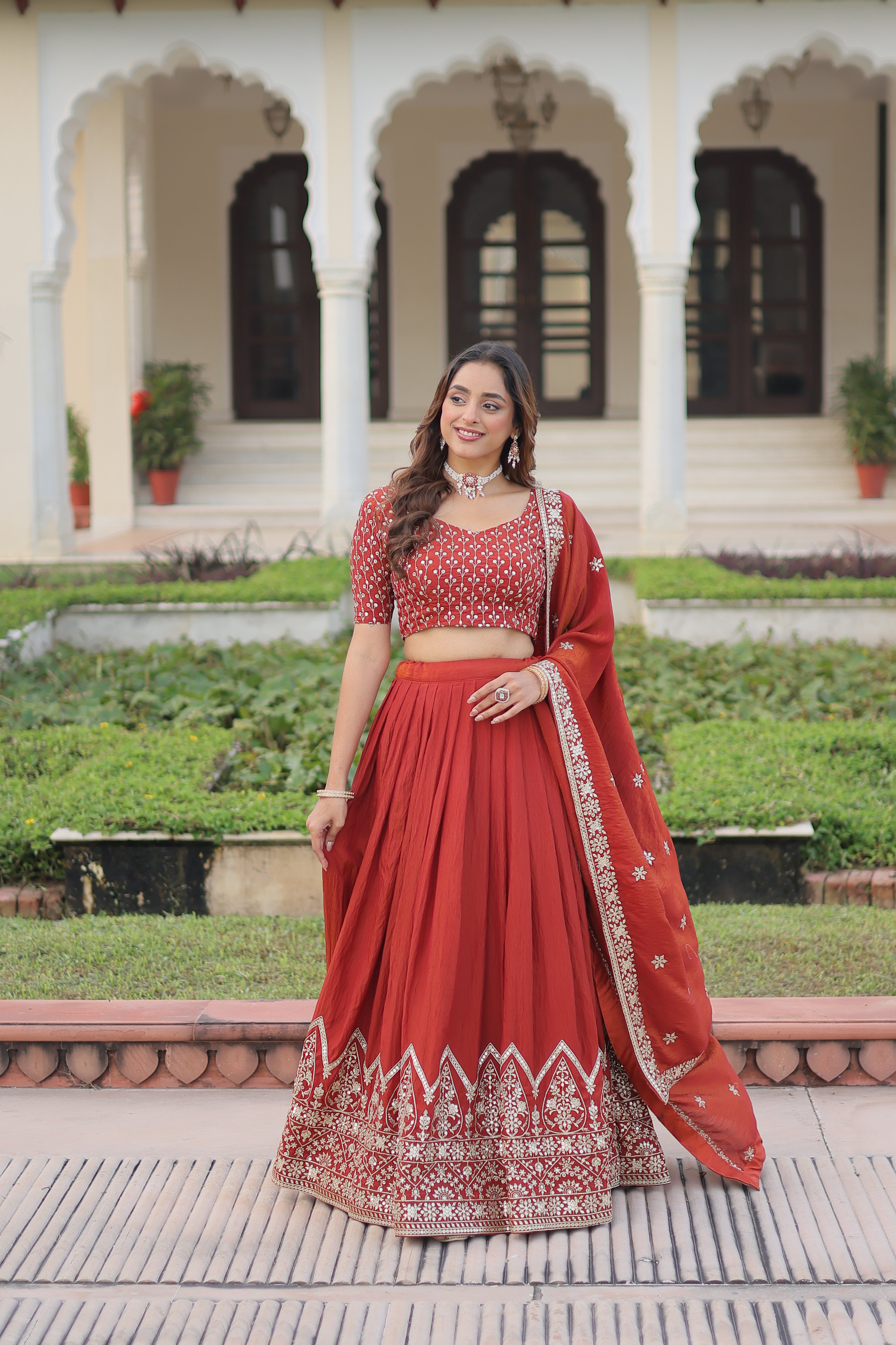 Red Silk Thread Embroidered Wedding Lehenga Choli for Women
