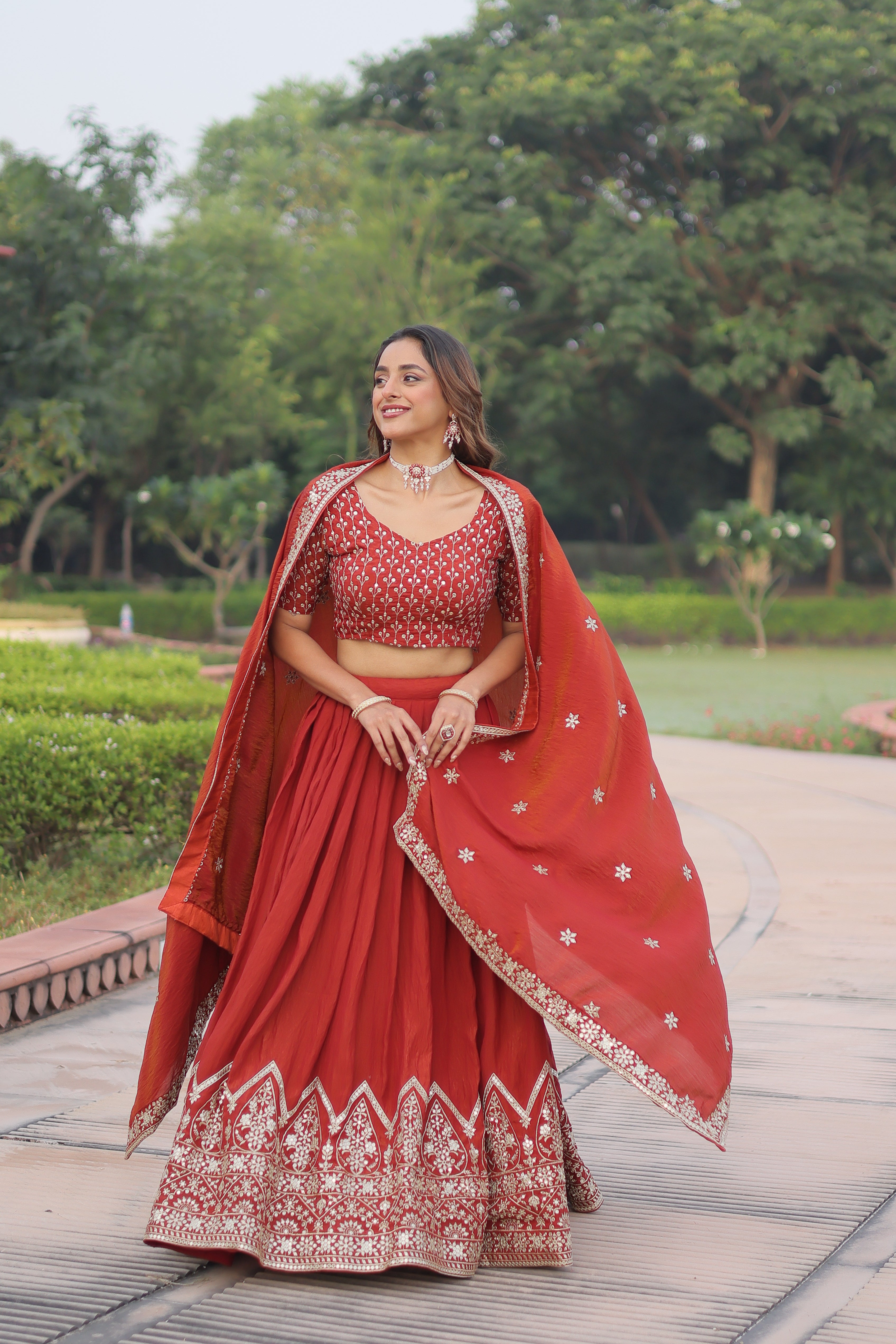 Red Silk Thread Embroidered Wedding Lehenga Choli for Women
