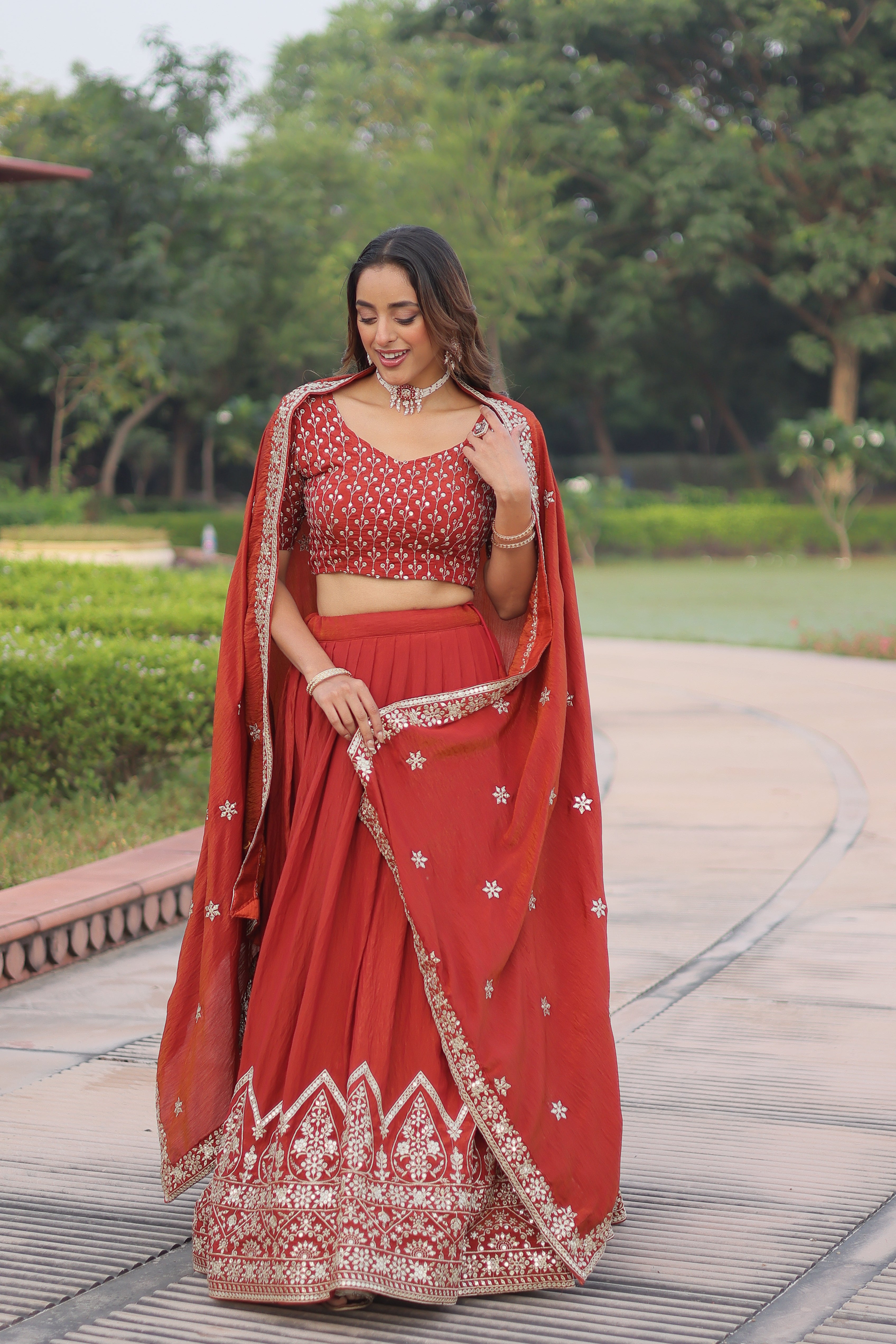 Red Silk Thread Embroidered Wedding Lehenga Choli for Women