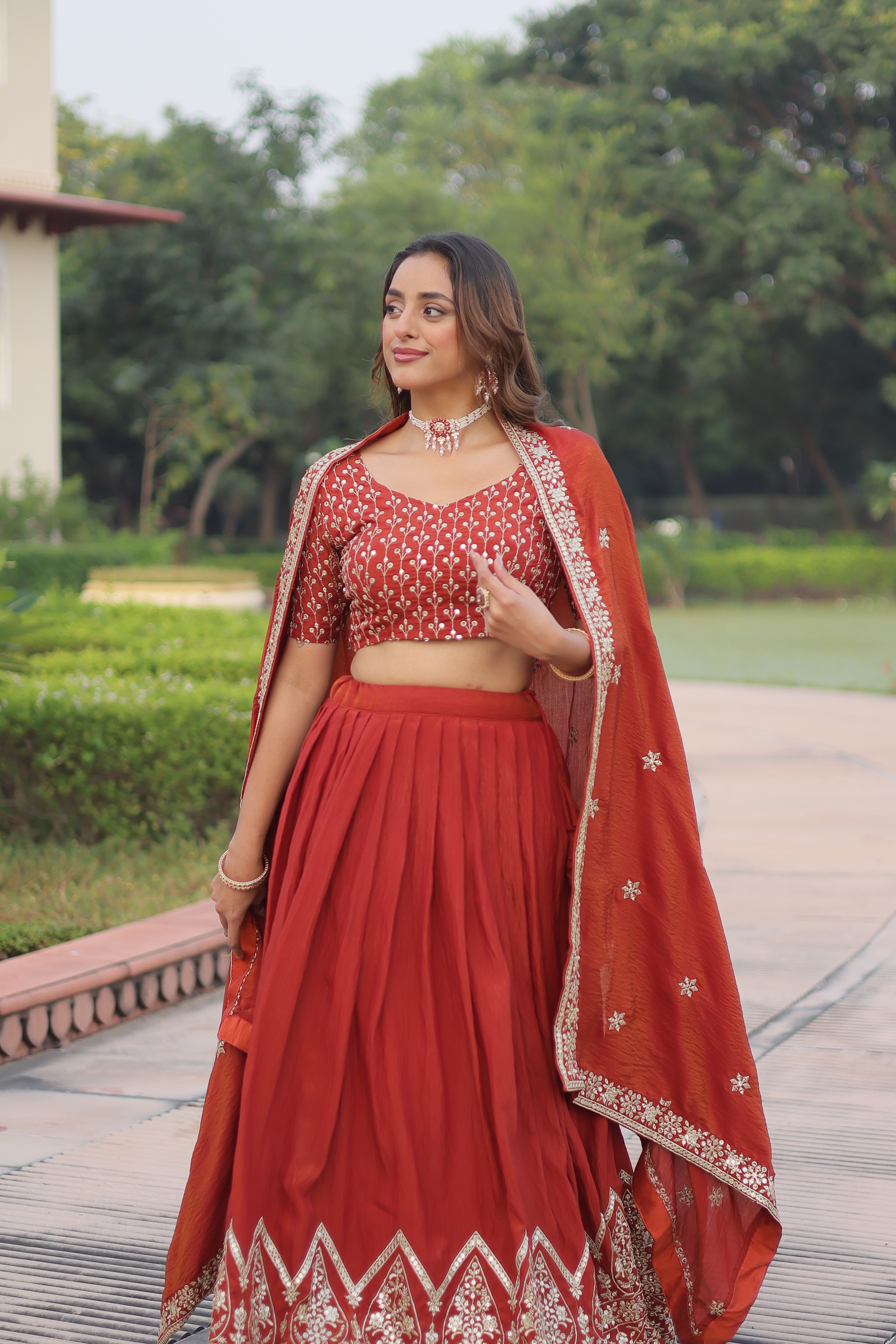 Red Silk Thread Embroidered Wedding Lehenga Choli for Women