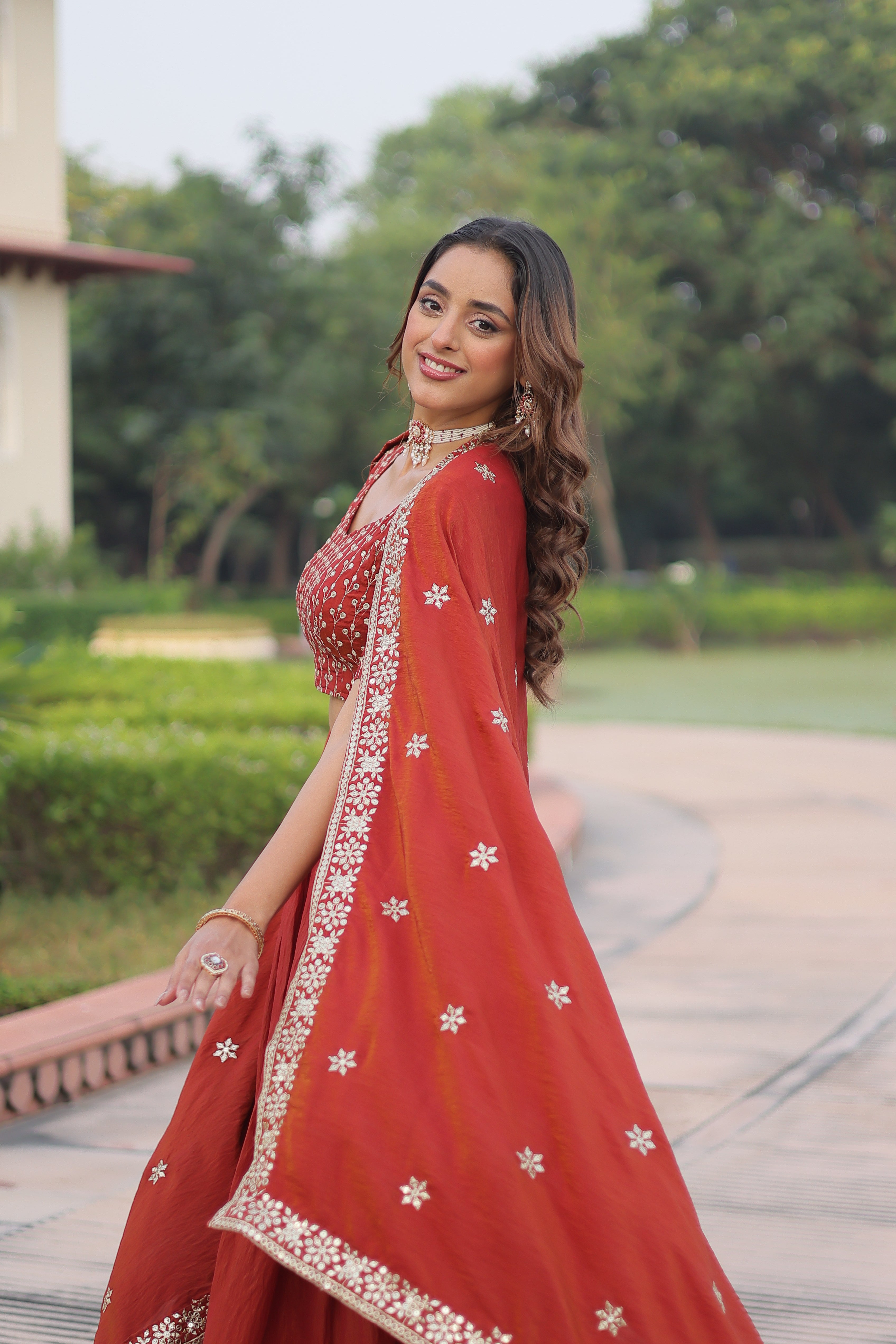 Red Silk Thread Embroidered Wedding Lehenga Choli for Women