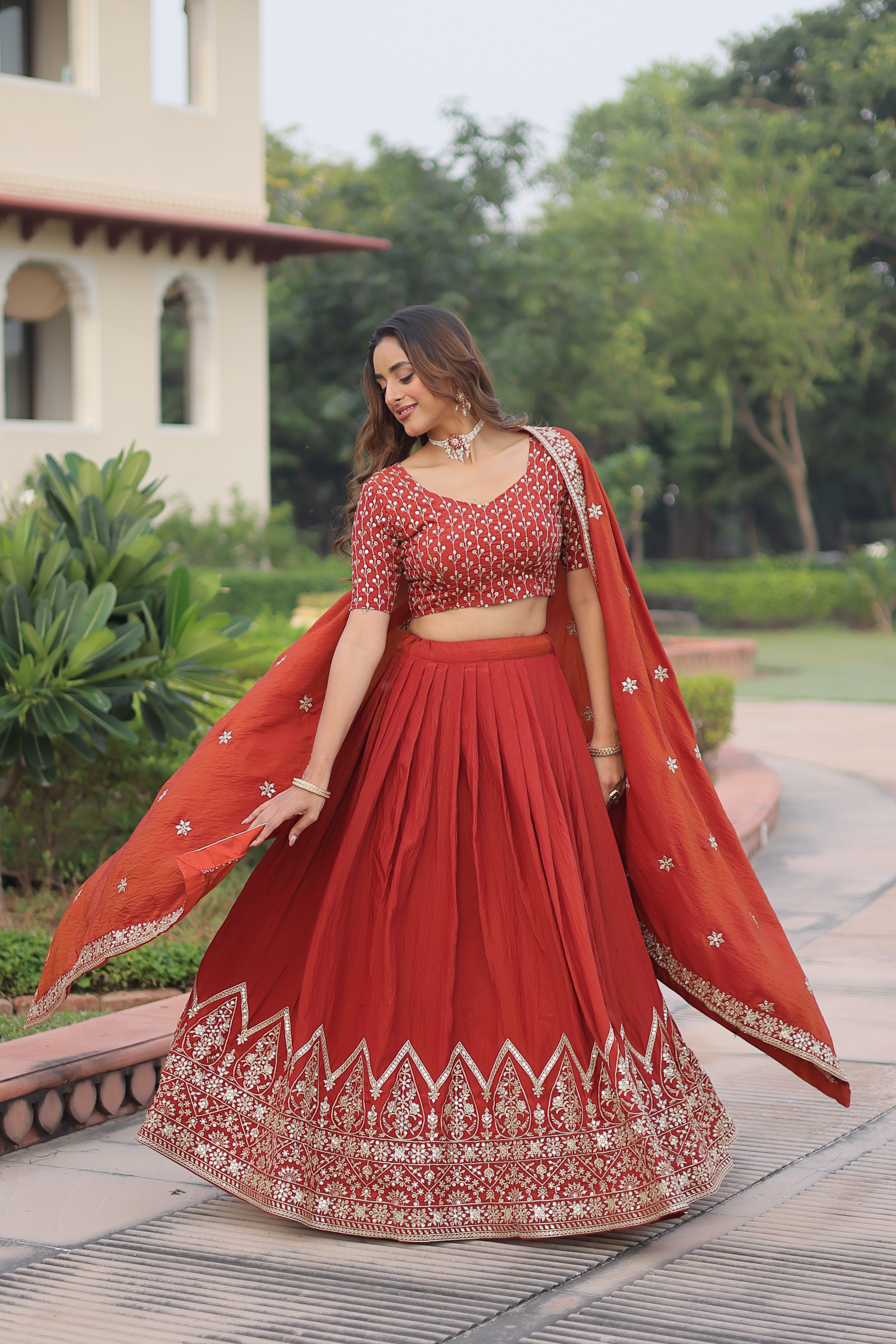 Red Silk Thread Embroidered Wedding Lehenga Choli for Women