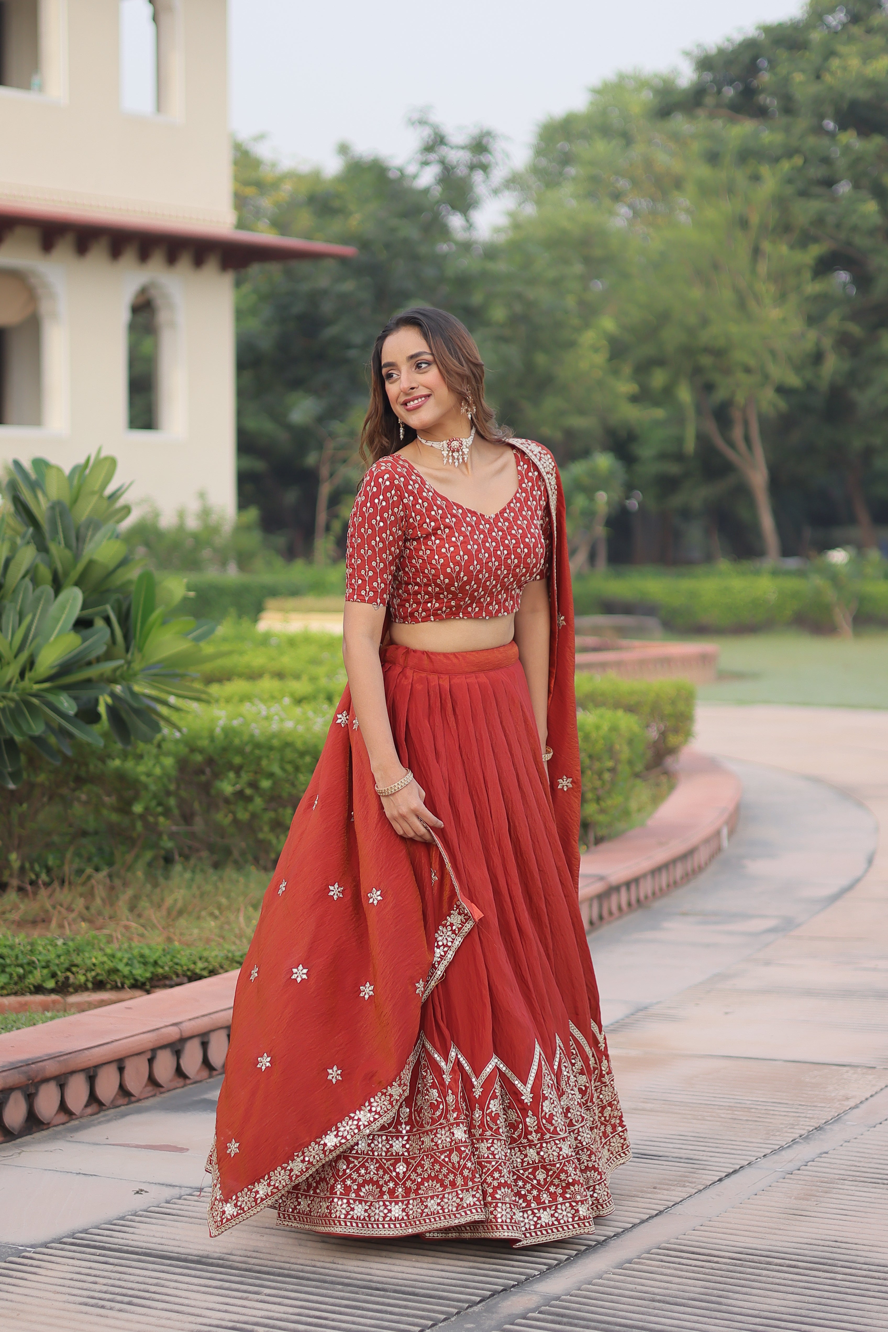 Red Silk Thread Embroidered Wedding Lehenga Choli for Women