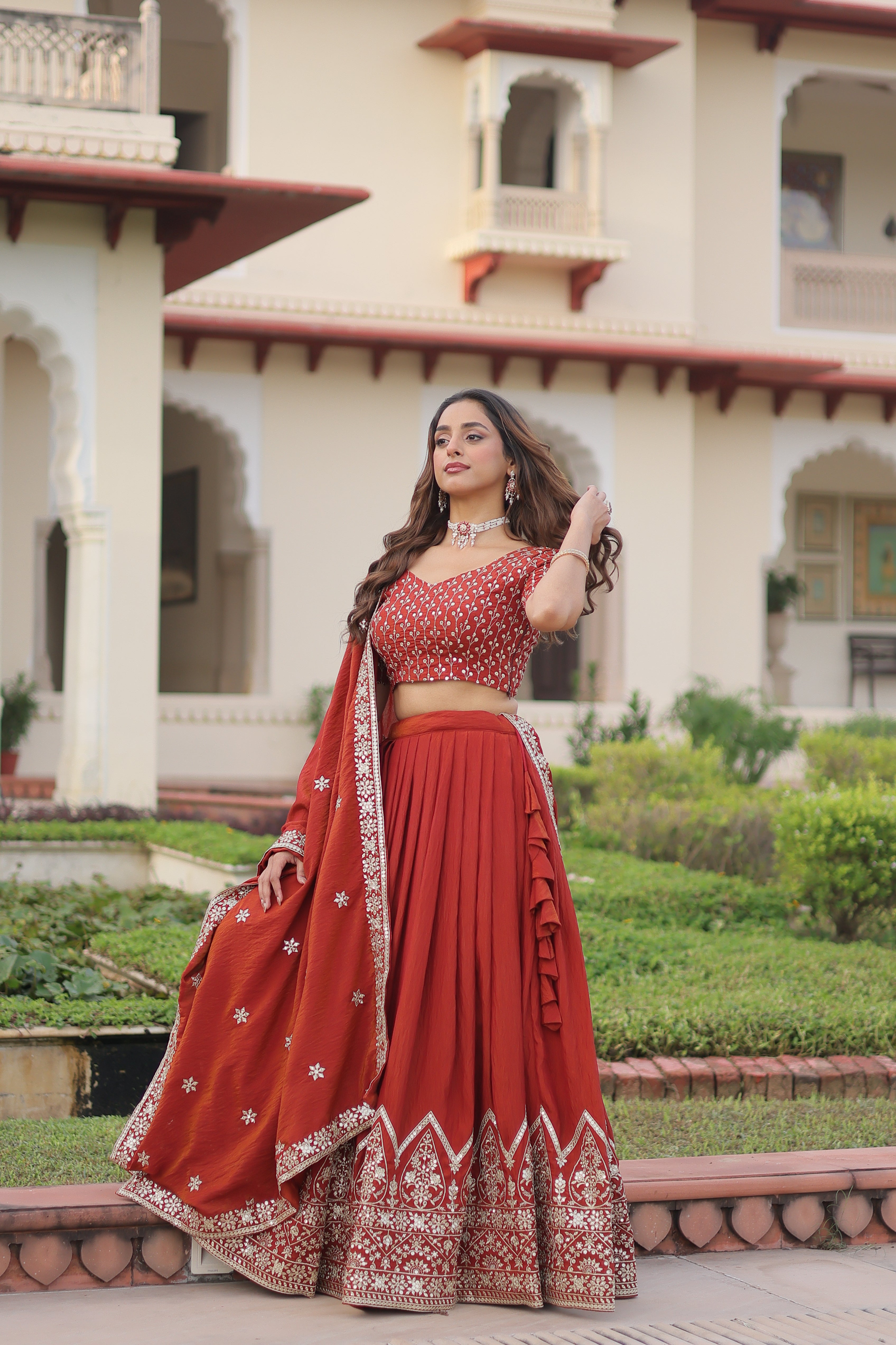 Red Silk Thread Embroidered Wedding Lehenga Choli for Women