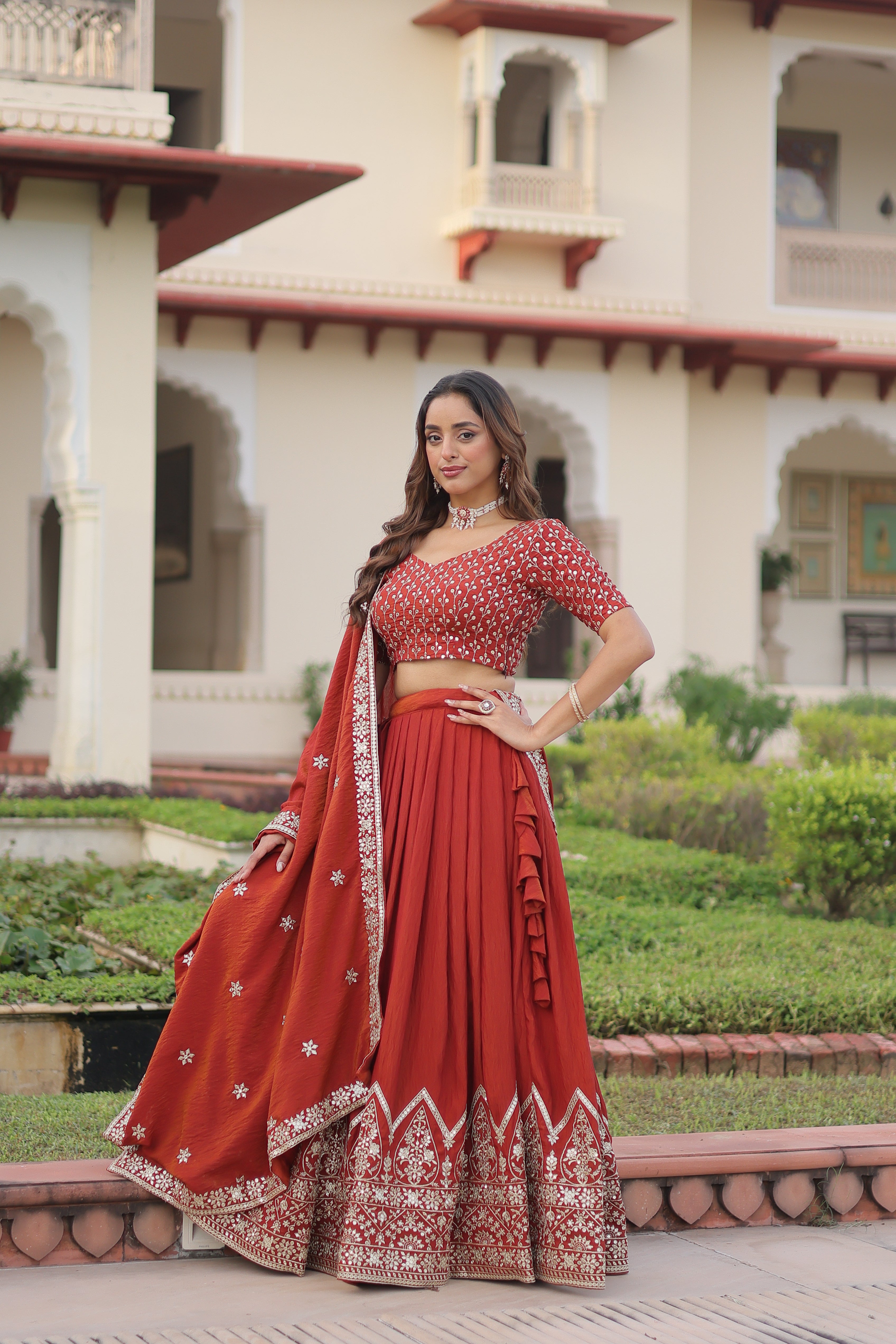 Red Silk Thread Embroidered Wedding Lehenga Choli for Women