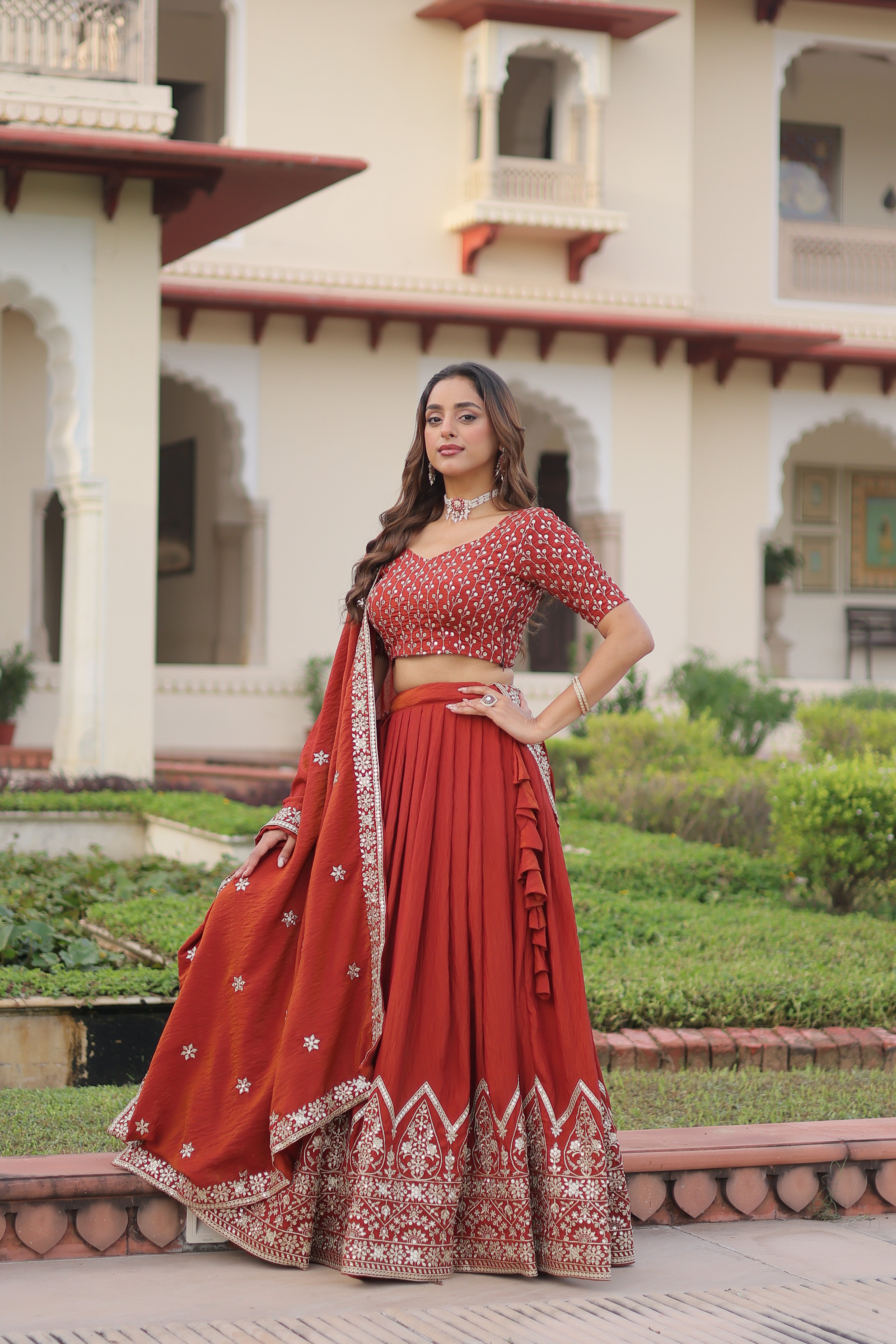 Red Silk Thread Embroidered Wedding Lehenga Choli for Women
