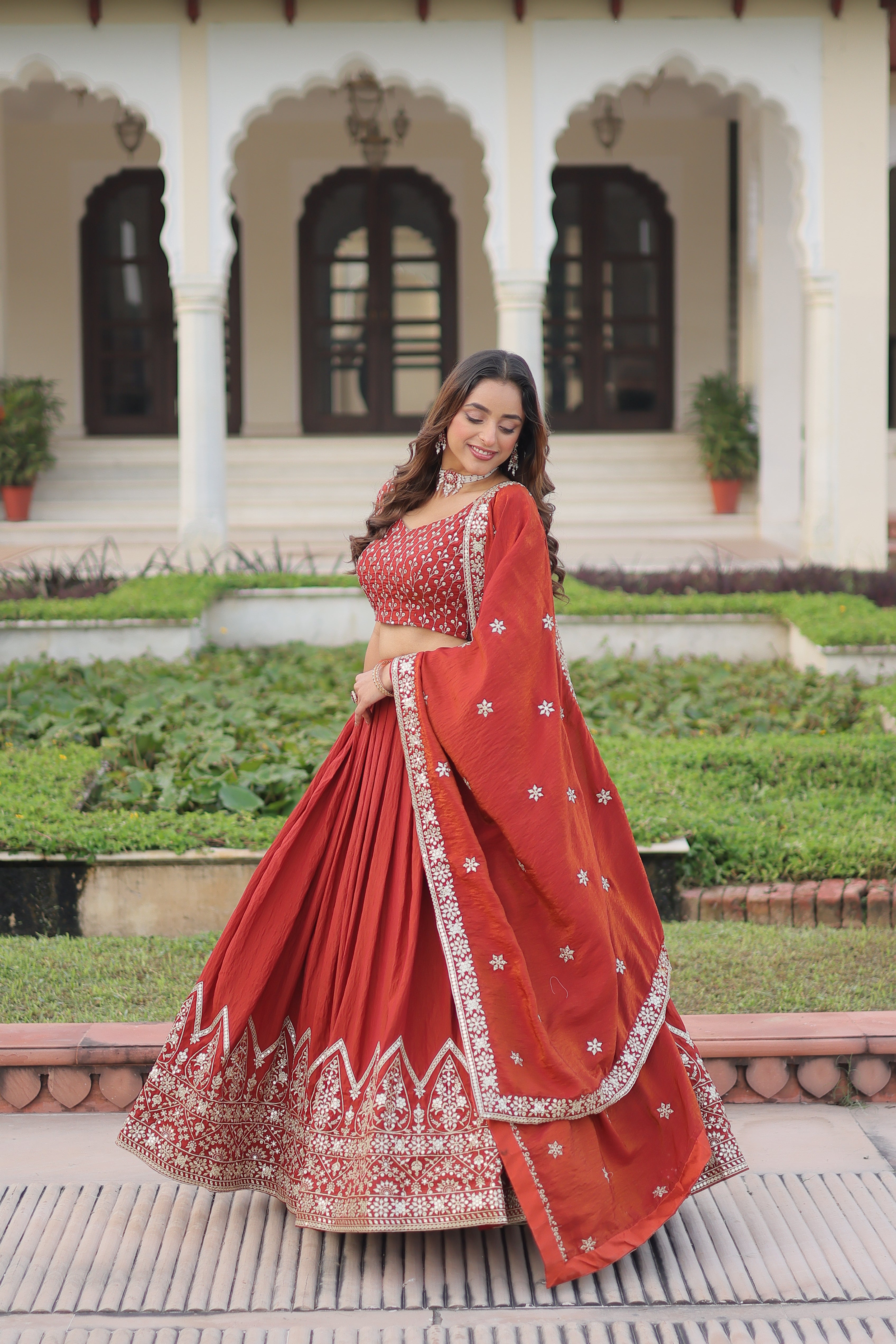 Red Silk Thread Embroidered Wedding Lehenga Choli for Women