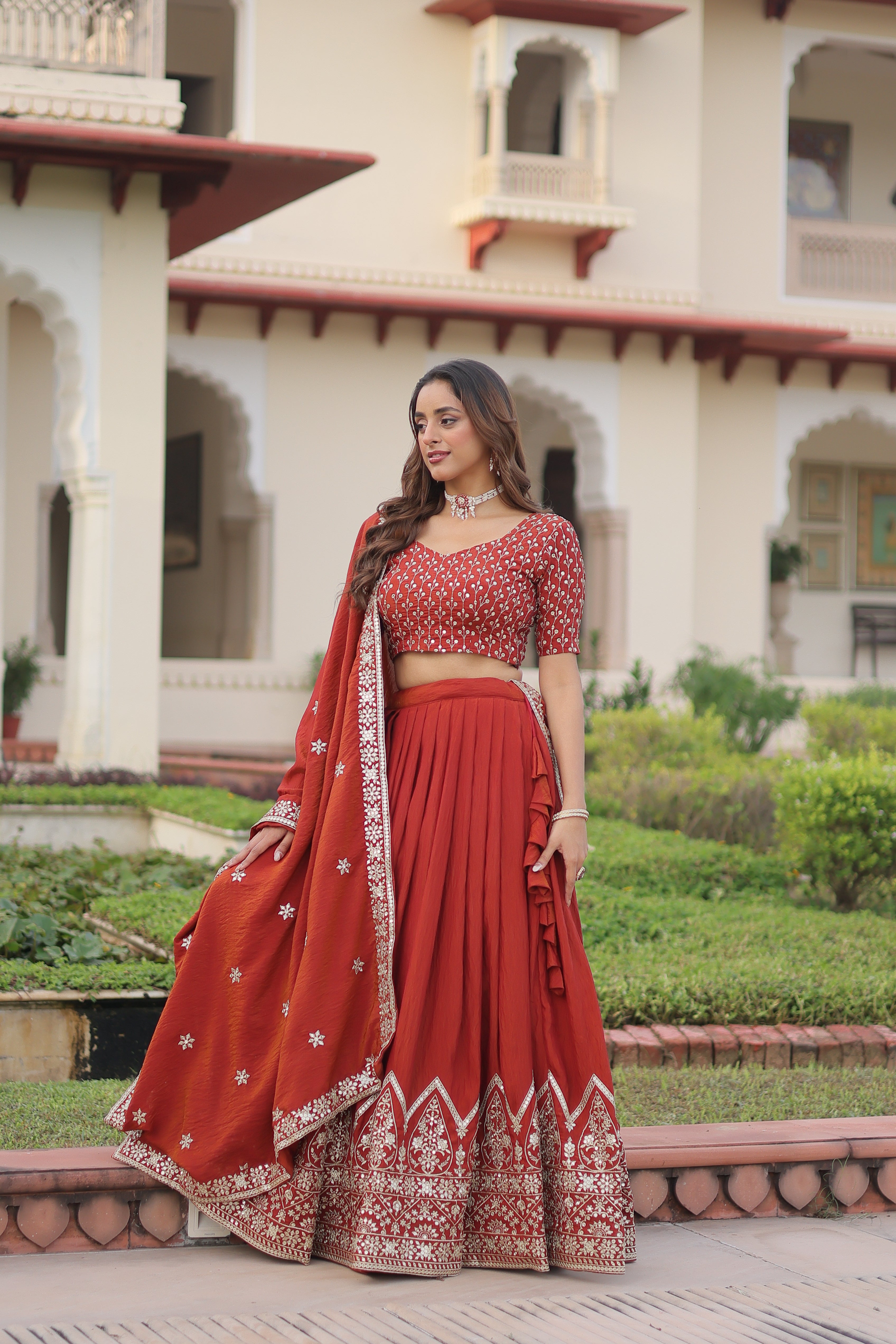 Red Silk Thread Embroidered Wedding Lehenga Choli for Women