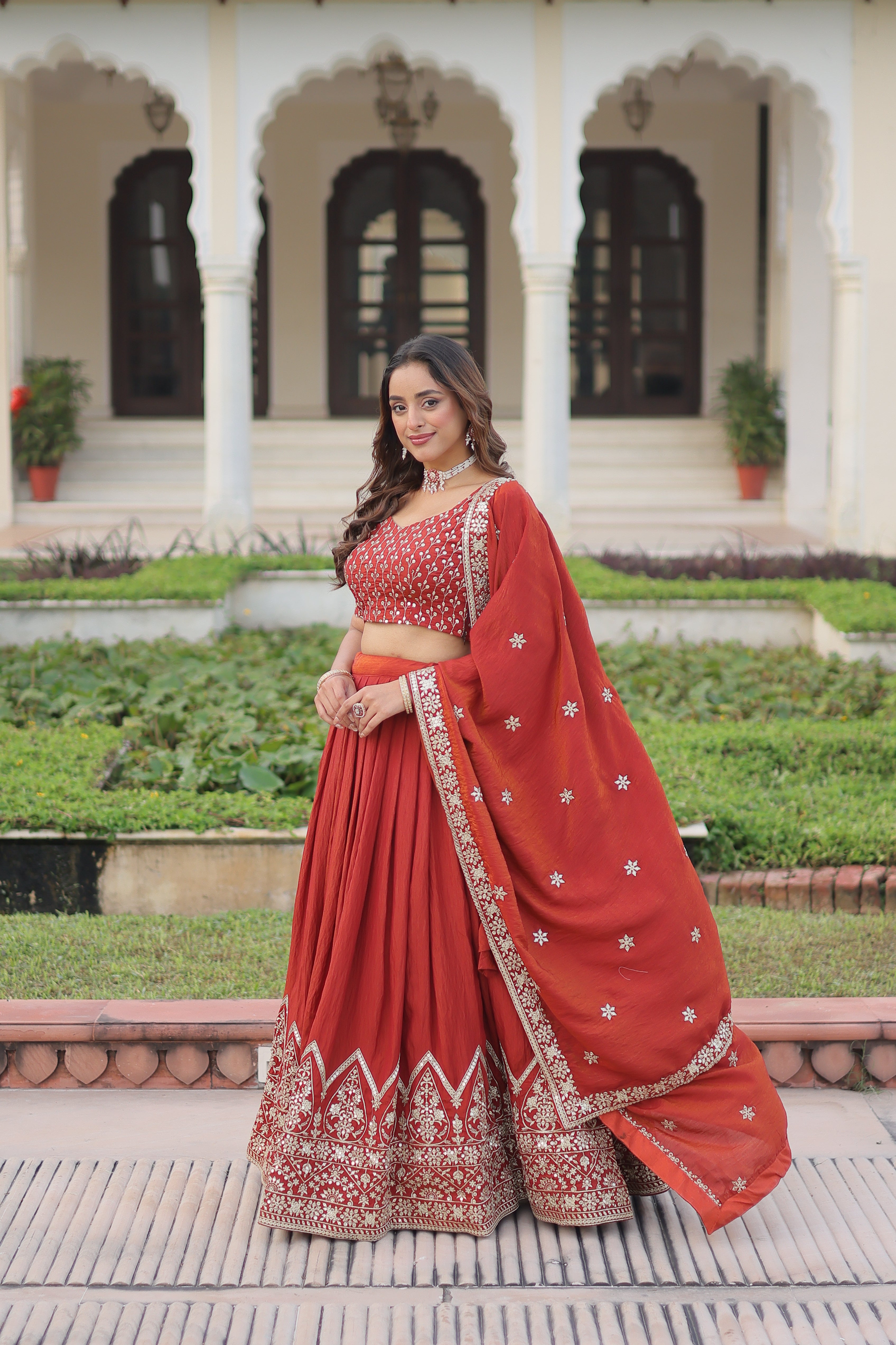 Red Silk Thread Embroidered Wedding Lehenga Choli for Women