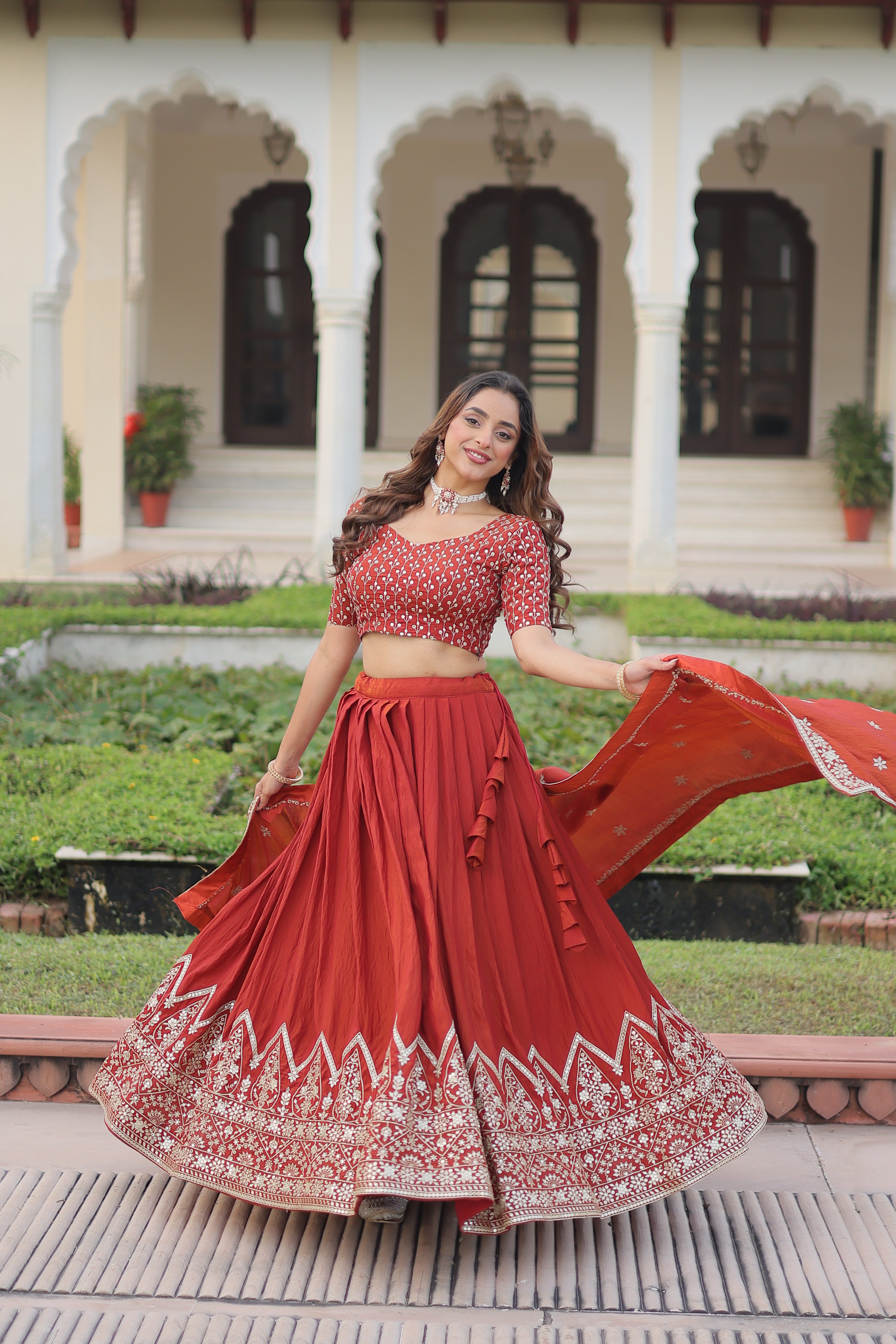 Red Silk Thread Embroidered Wedding Lehenga Choli for Women