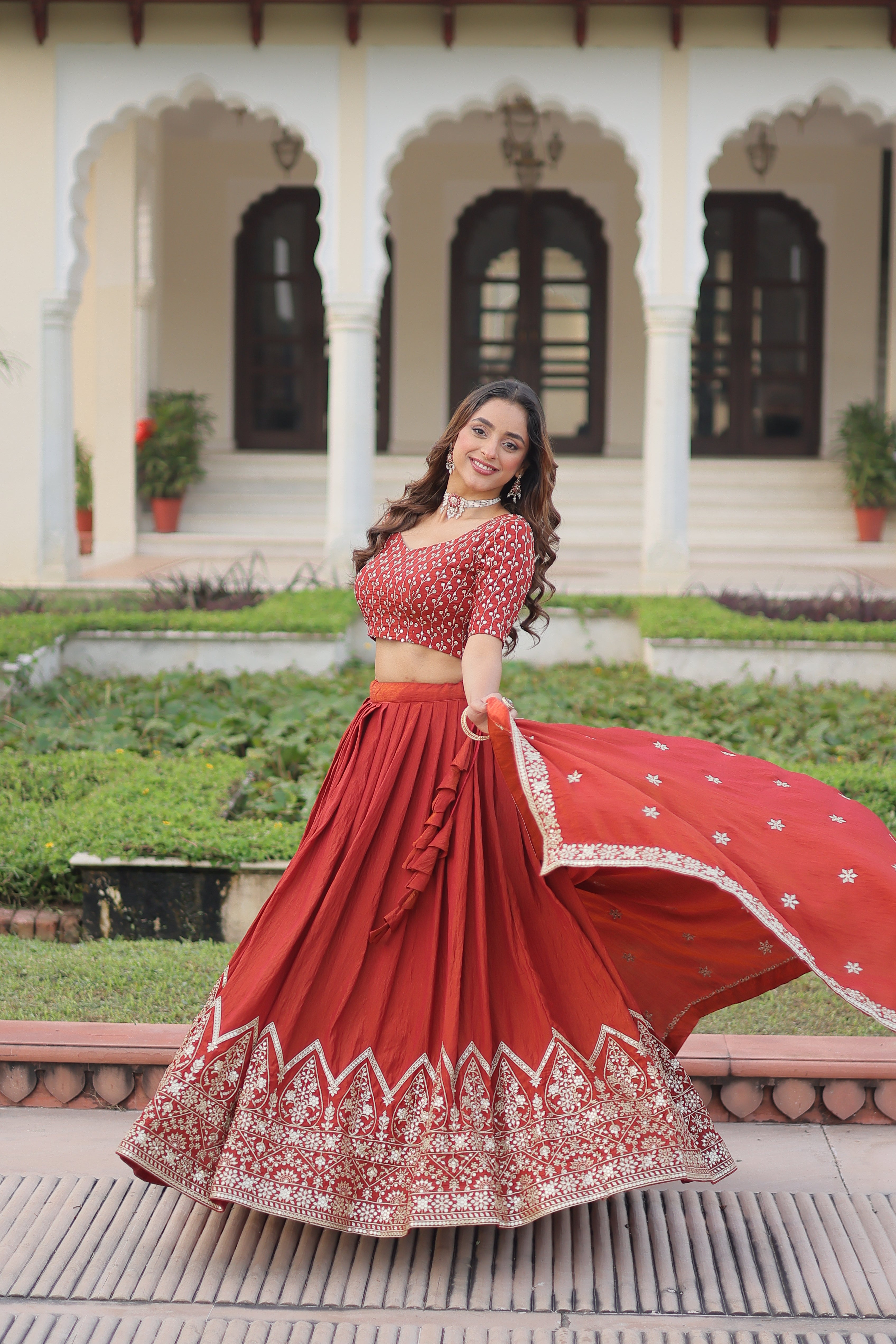 Red Silk Thread Embroidered Wedding Lehenga Choli for Women