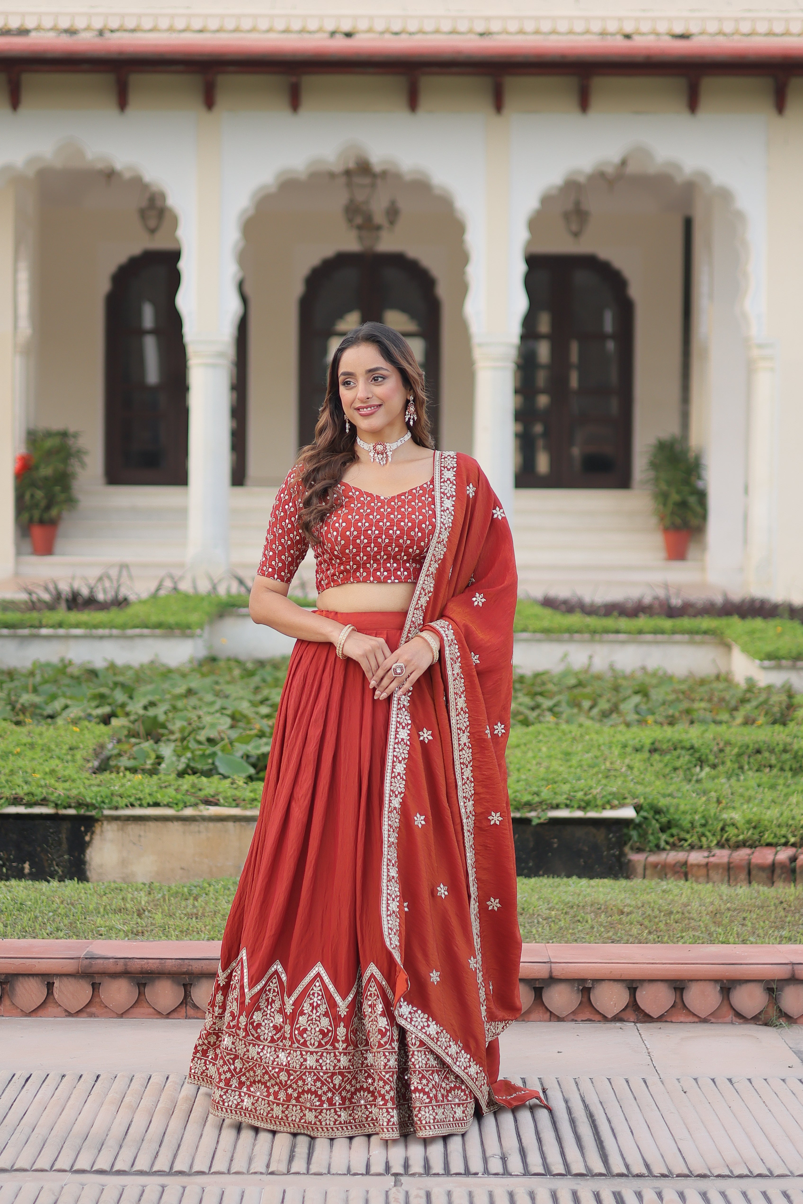 Red Silk Thread Embroidered Wedding Lehenga Choli for Women