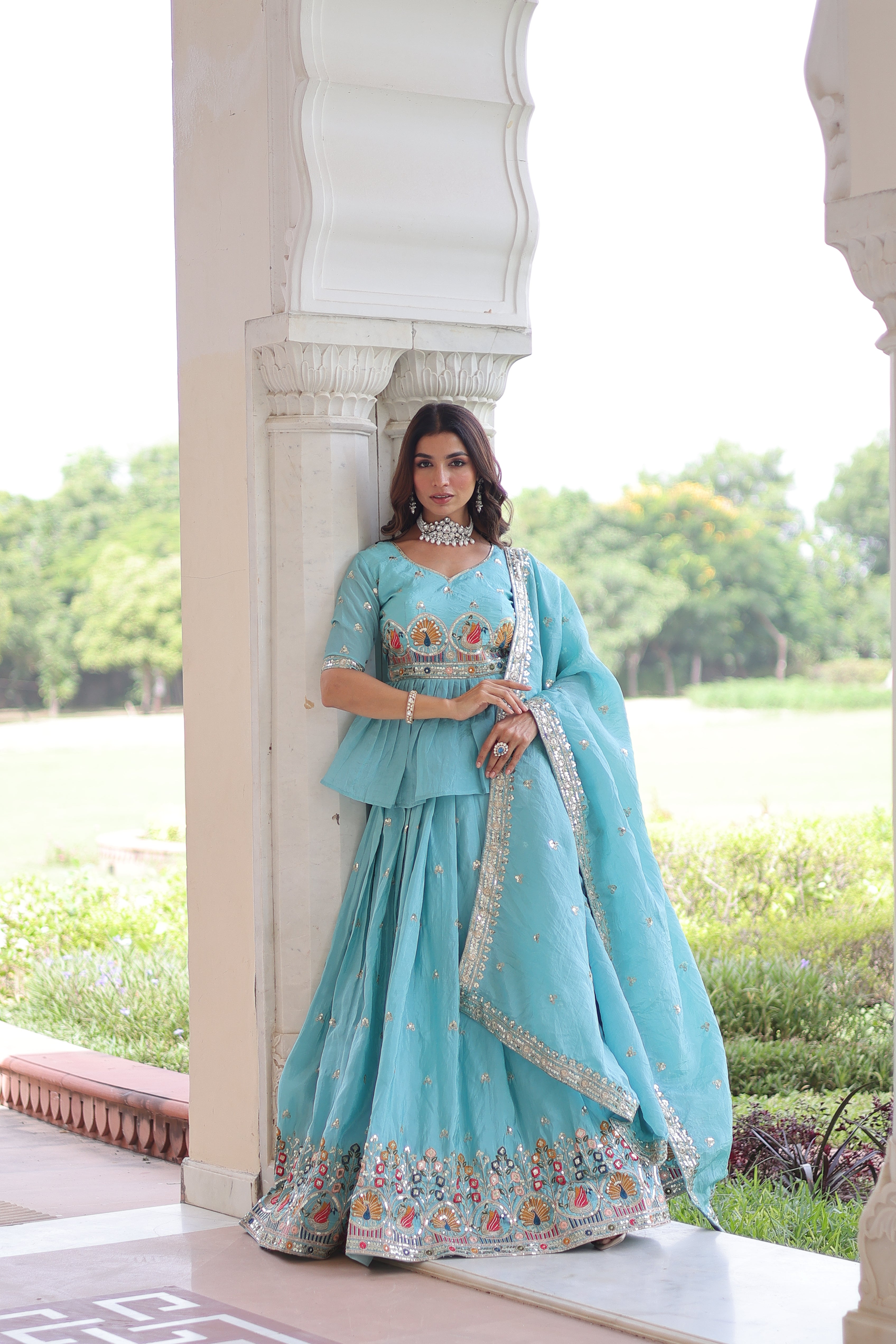 Blue Silk Sequins Festive Lehenga With Peplum Top for Women