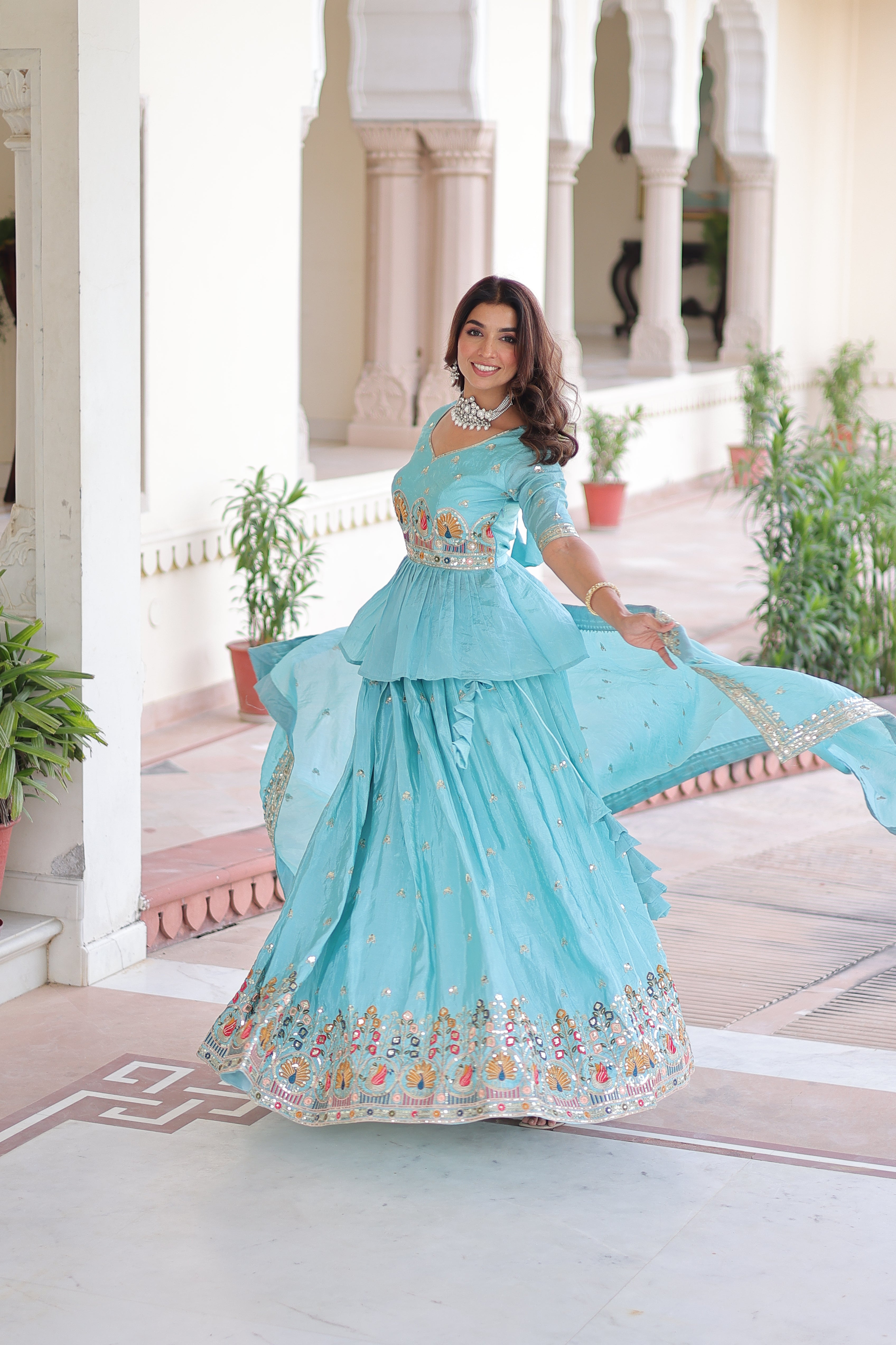 Blue Silk Sequins Festive Lehenga With Peplum Top for Women