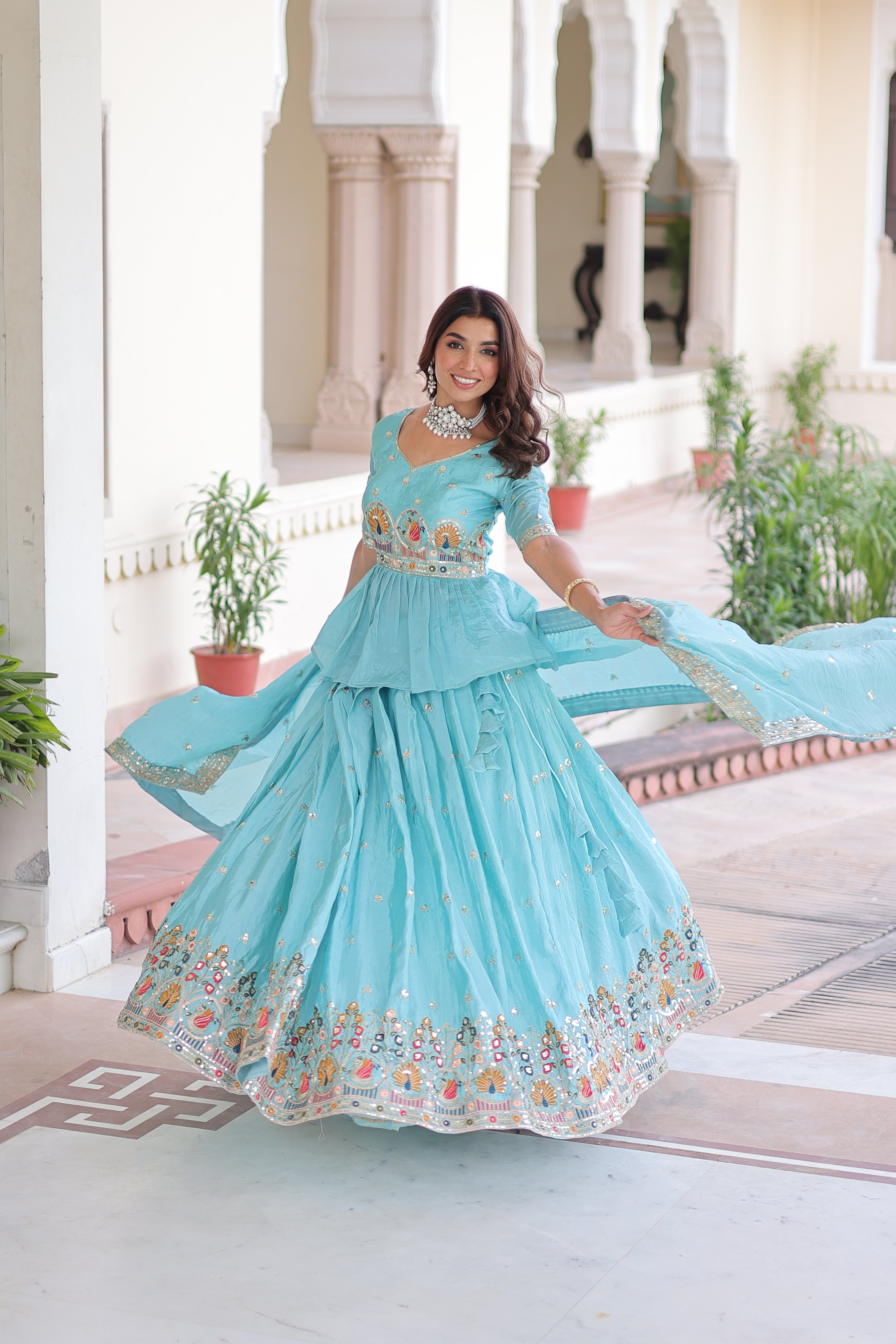 Blue Silk Sequins Festive Lehenga With Peplum Top for Women