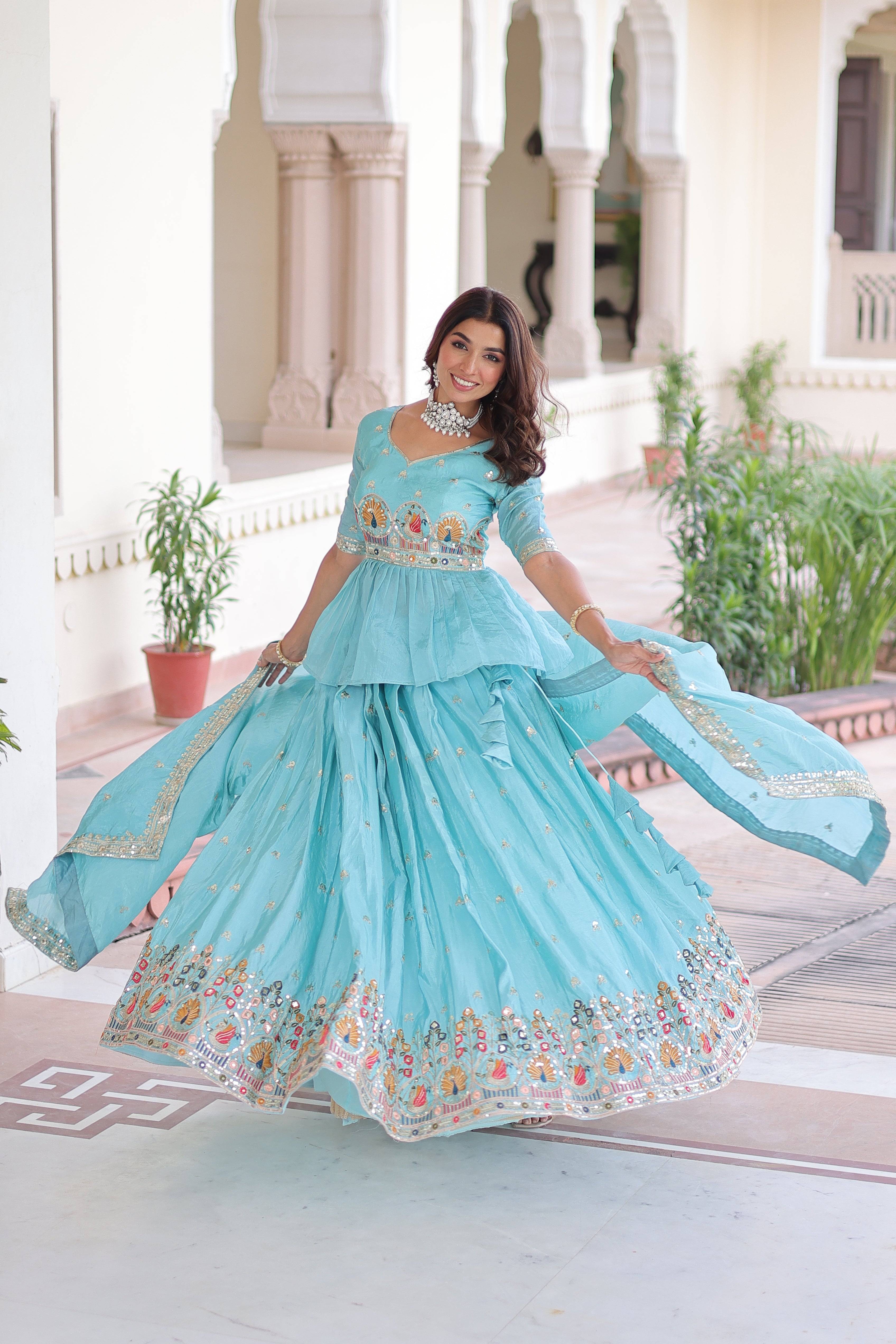 Blue Silk Sequins Festive Lehenga With Peplum Top for Women