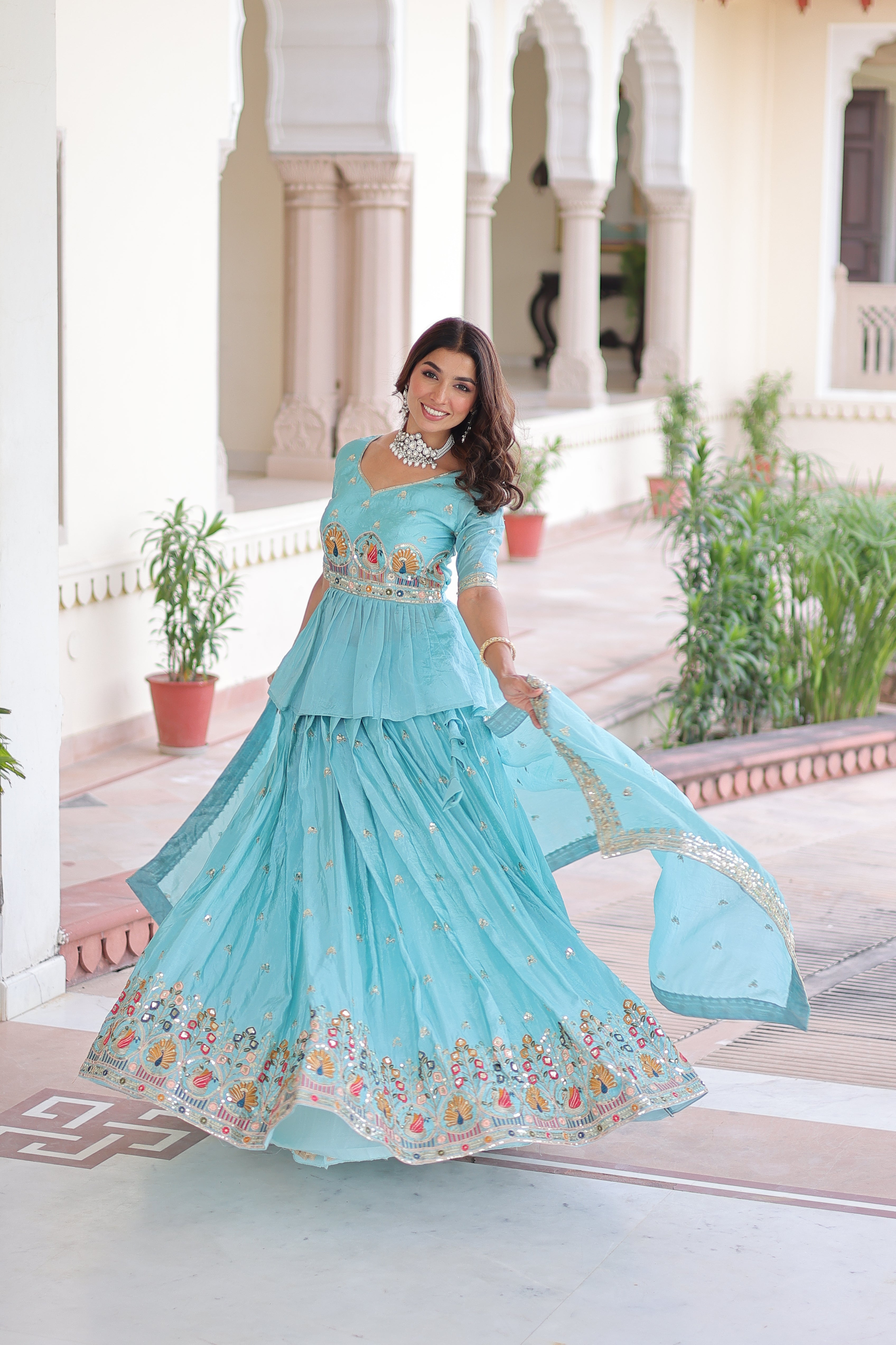Blue Silk Sequins Festive Lehenga With Peplum Top for Women