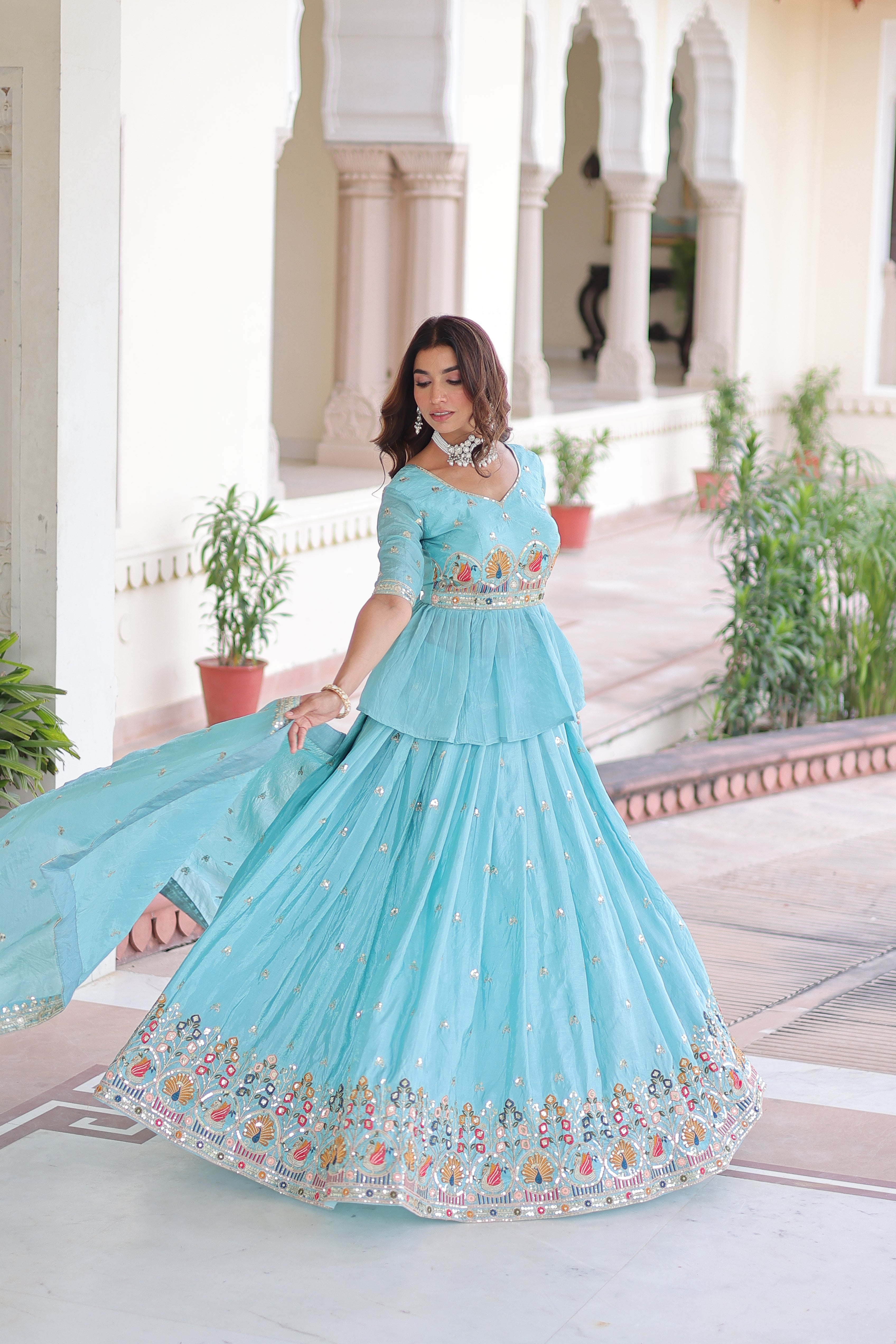 Blue Silk Sequins Festive Lehenga With Peplum Top for Women